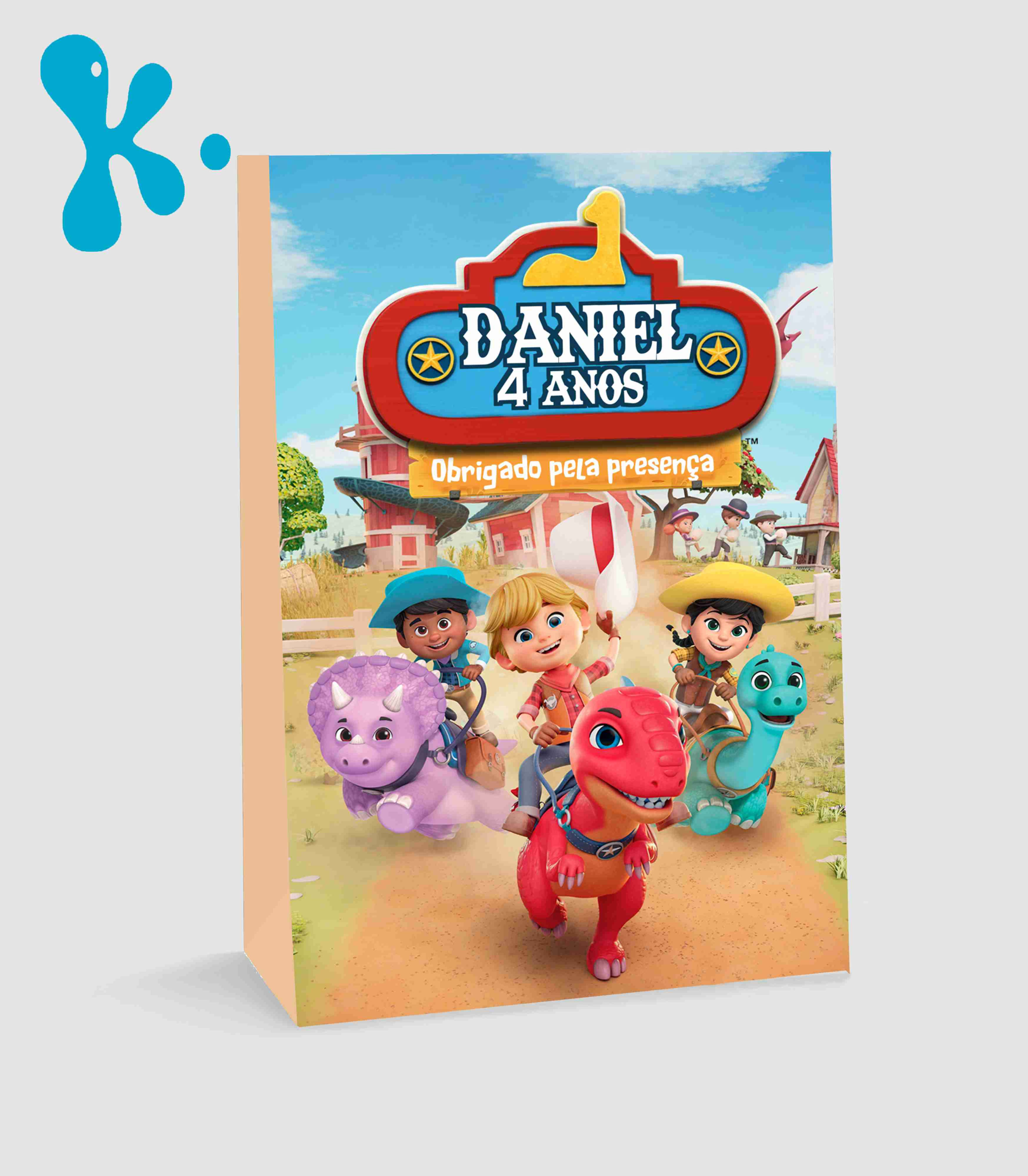 Saco lembrança Dino Ranch personalizado com nome e idade para festa infantil