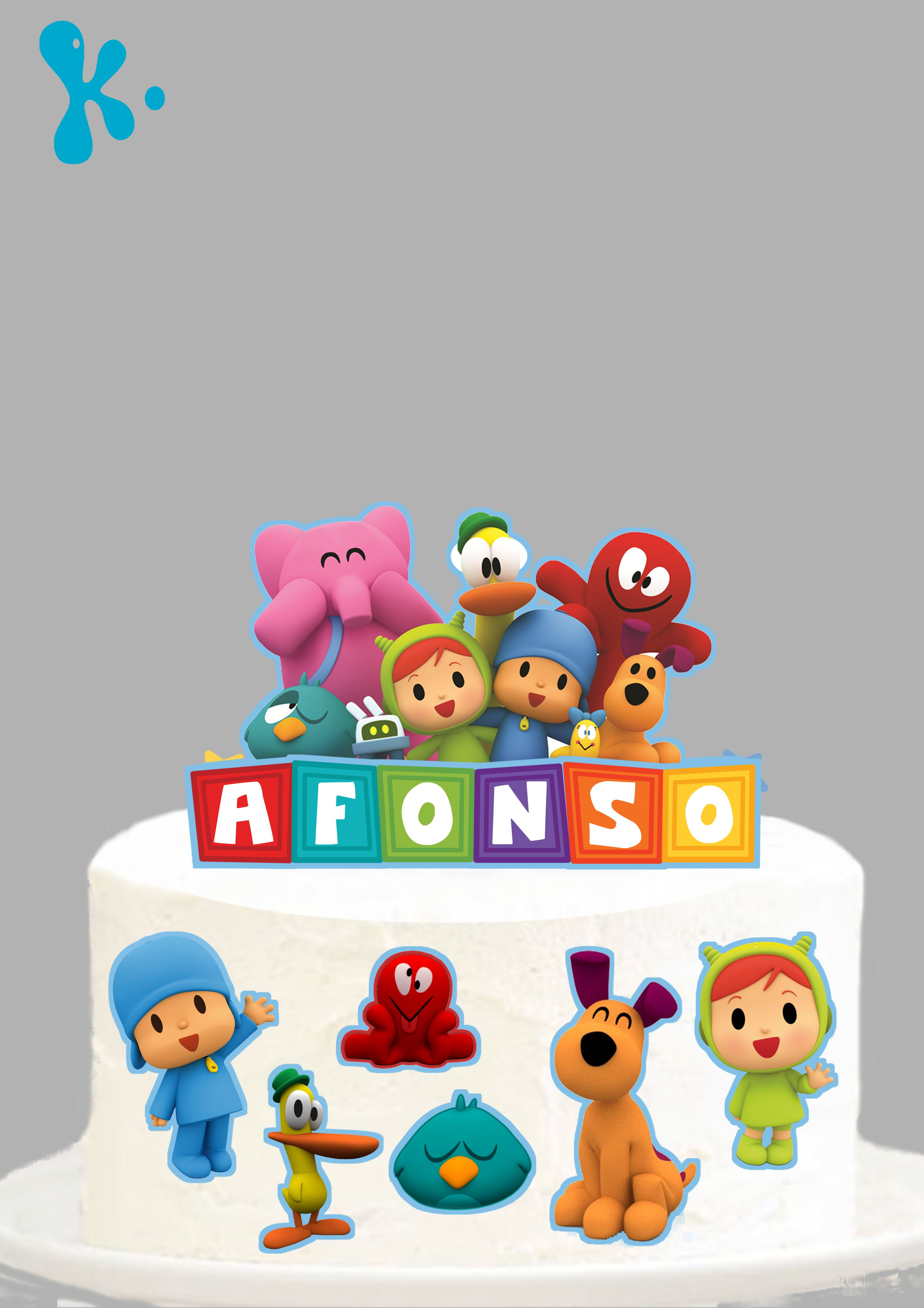 Topo de bolo personalizado Pocoyo com nome da criança, ideal para festa infantil.