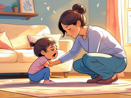 Ilustração de um momento de empatia entre mãe ou pai e uma criança pequena em birra. O adulto está ajoelhado, calmo e próximo da criança, demonstrando apoio e compreensão, num ambiente acolhedor de casa.