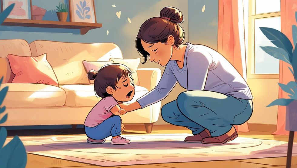Ilustração de um momento de empatia entre mãe ou pai e uma criança pequena em birra. O adulto está ajoelhado, calmo e próximo da criança, demonstrando apoio e compreensão, num ambiente acolhedor de casa.