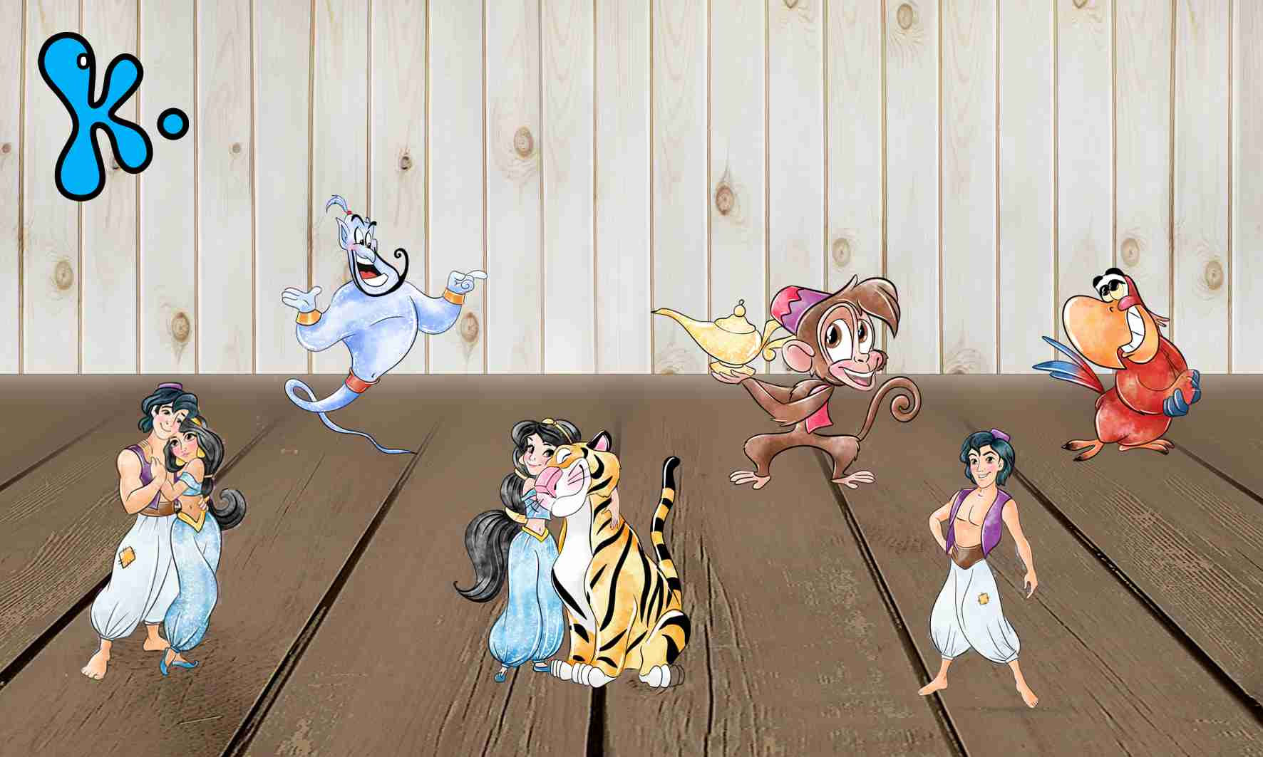 Figuras ilustradas de Aladino, Jasmine, Génio e companhia para festas infantis