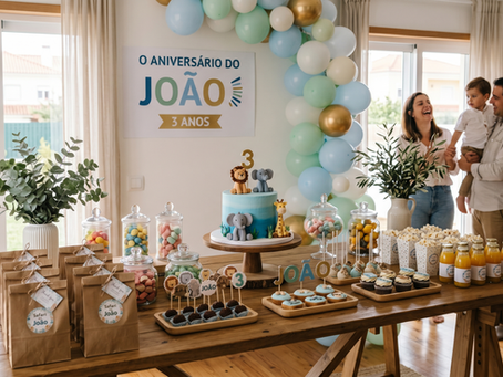 Temas de aniversário menino 2026 com mesa infantil personalizada em ambiente familiar.