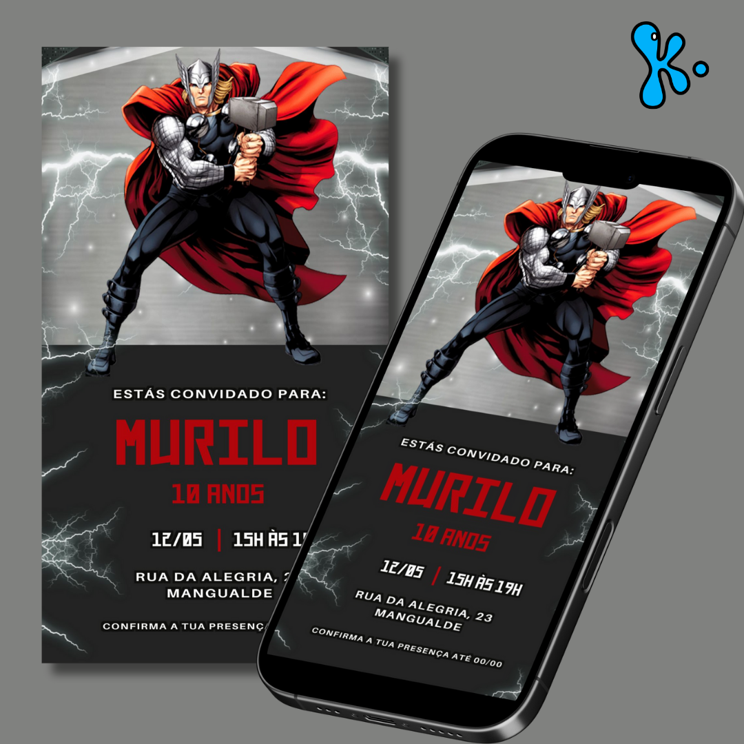 Convite Digital Thor personalizado com nome, idade e detalhes da festa sobre fundo com raios