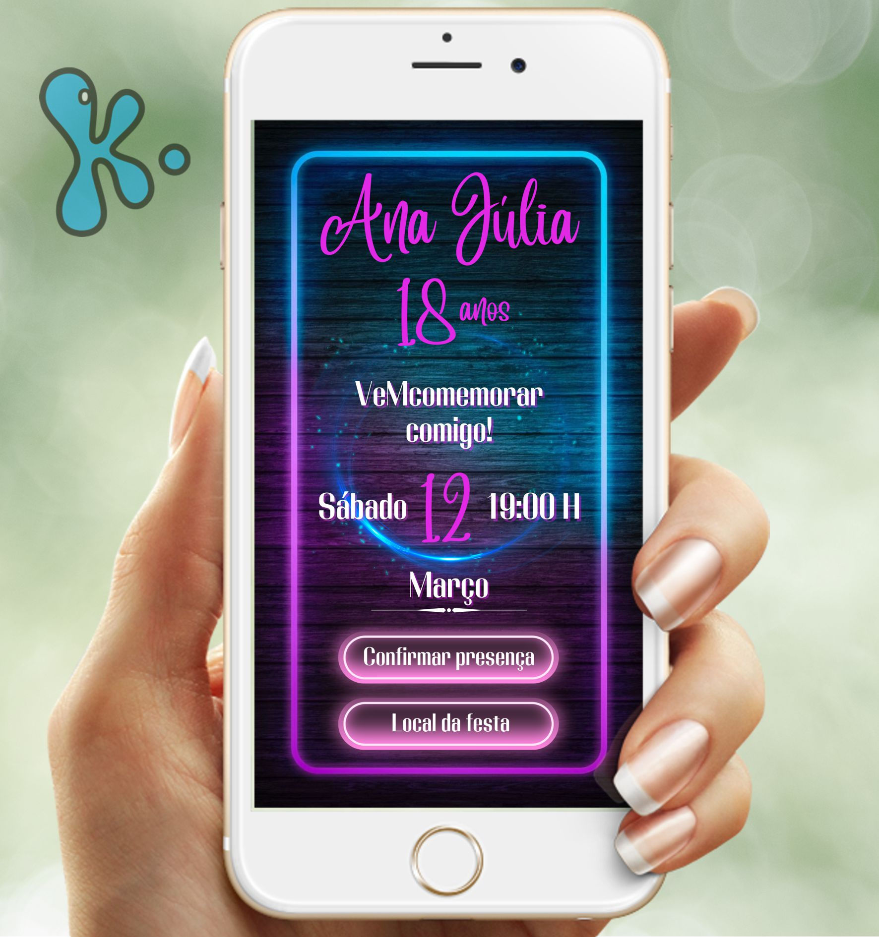 Convite Interativo Neon com moldura azul e rosa sobre fundo escuro em PDF