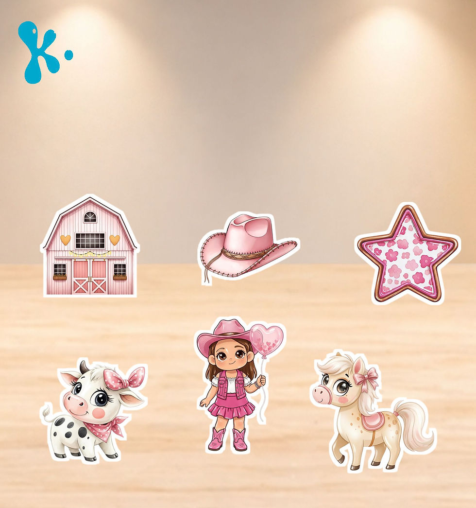 Figuras de mesa Boiadeira em aguarela com menina cowgirl, vaquinha, pónei, celeiro, chapéu e estrela cor-de-rosa.