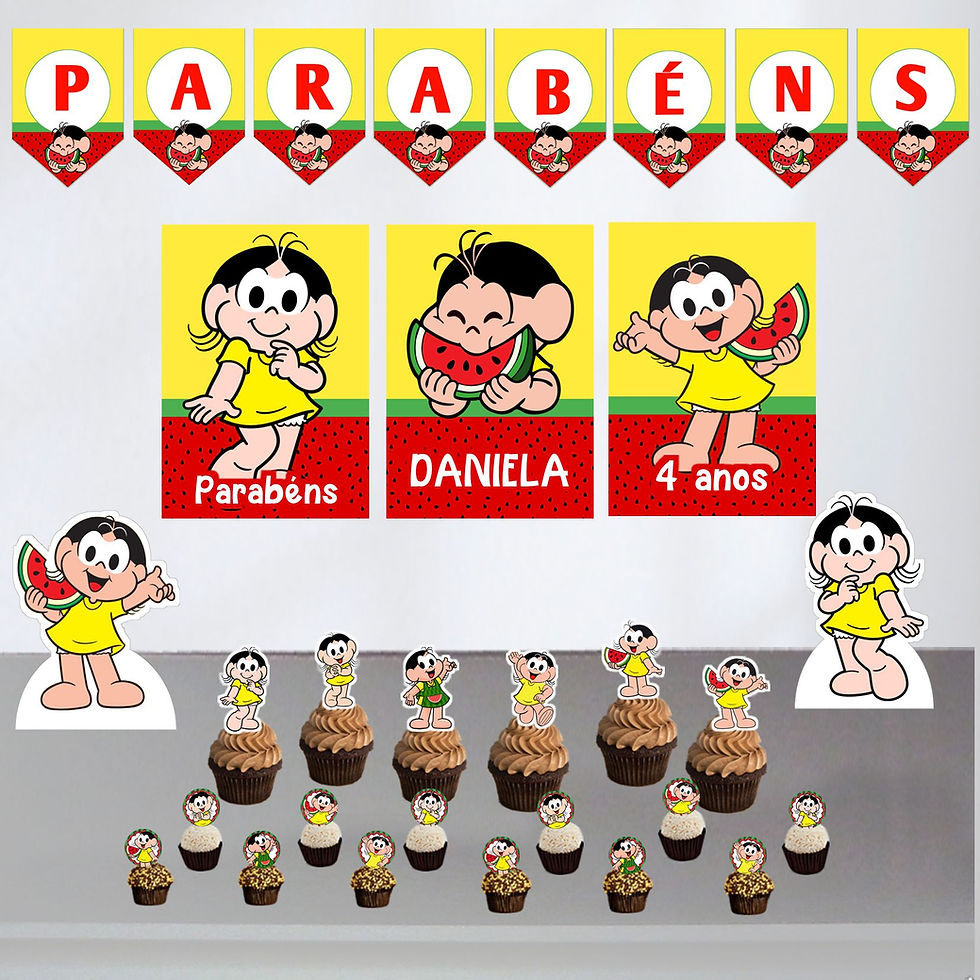 Mini Kit Festa Magali com cartazes personalizados, bandeirola amarela e toppers da personagem para aniversário infantil