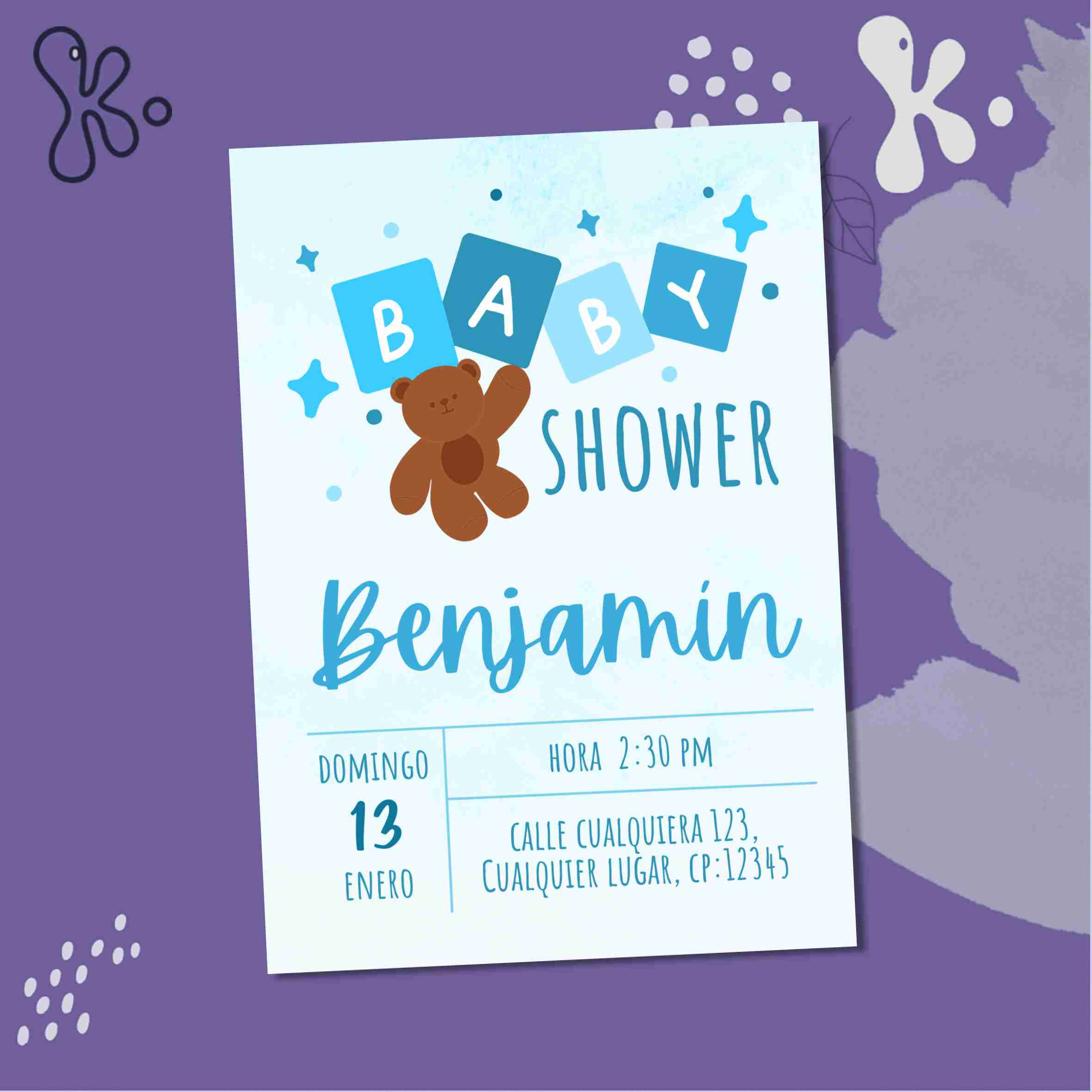 Convite Digital Ursinho para baby shower com tema azul. Personalizável, pronto para envio digital ou impressão