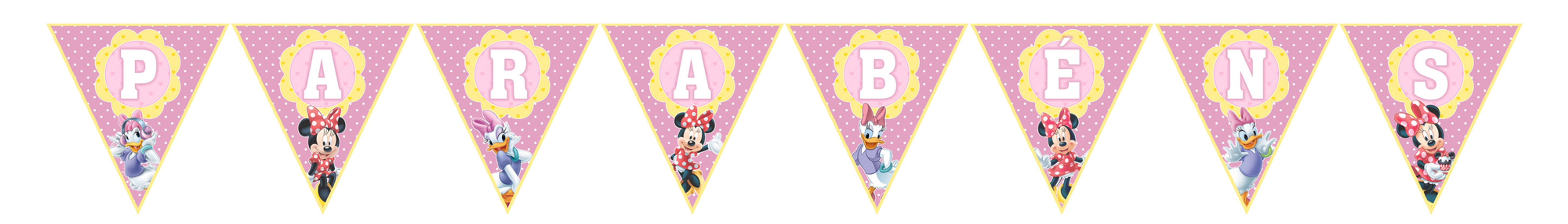 Bandeirolas Parabéns Minnie e Margarida em tons de rosa com pintinhas para decoração de festa infantil