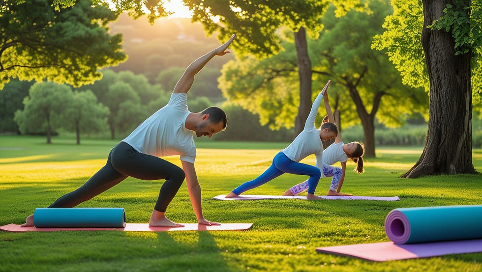 Família portuguesa praticando yoga ao ar livre num parque verde, posturas simples e adequadas para todas as idades, árvores e natureza ao fundo, luz dourada do nascer do sol, tapetes de yoga coloridos, ambiente de bem-estar e movimento, estilo fotográfico de saúde e wellness