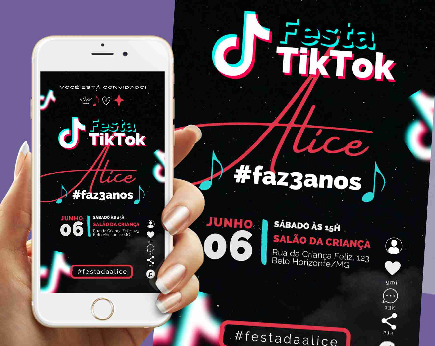 Convite Digital TikTok com nome Alice e hashtag personalizada, ideal para festa de aniversário temática com envio online