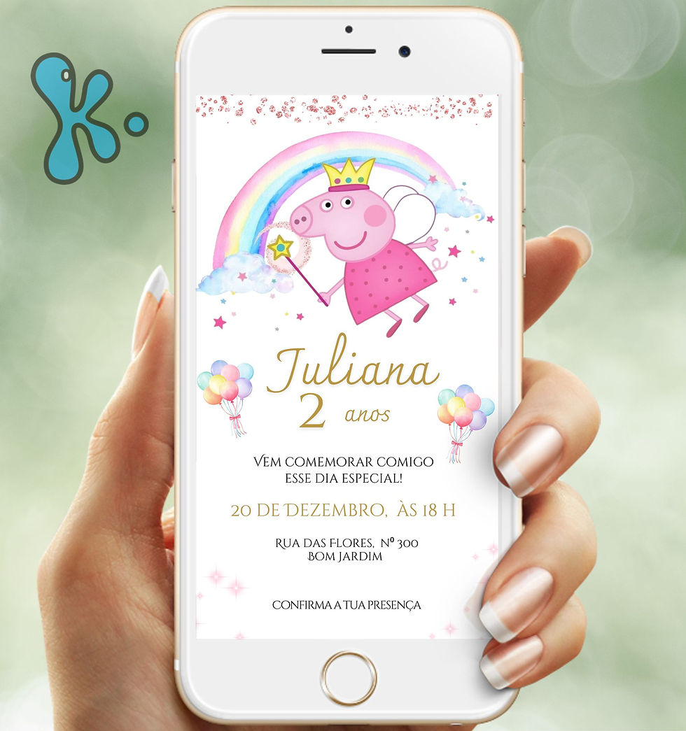 Convite digital Peppa Fada com arco-íris, varinha e balões coloridos para festa infantil