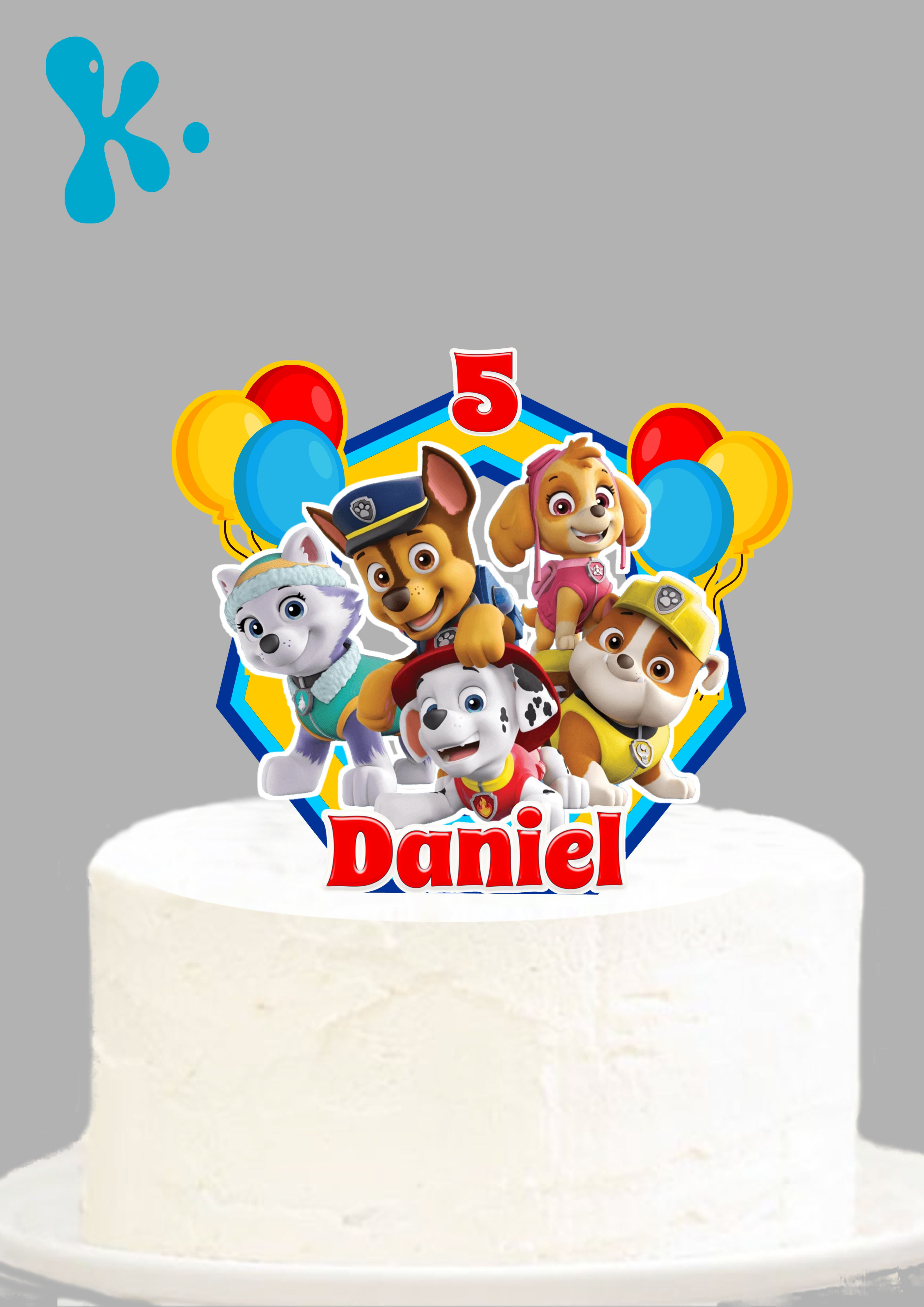Topo de bolo personalizado Patrulha Pata com nome e idade e balões coloridos, ideal para festa infantil.