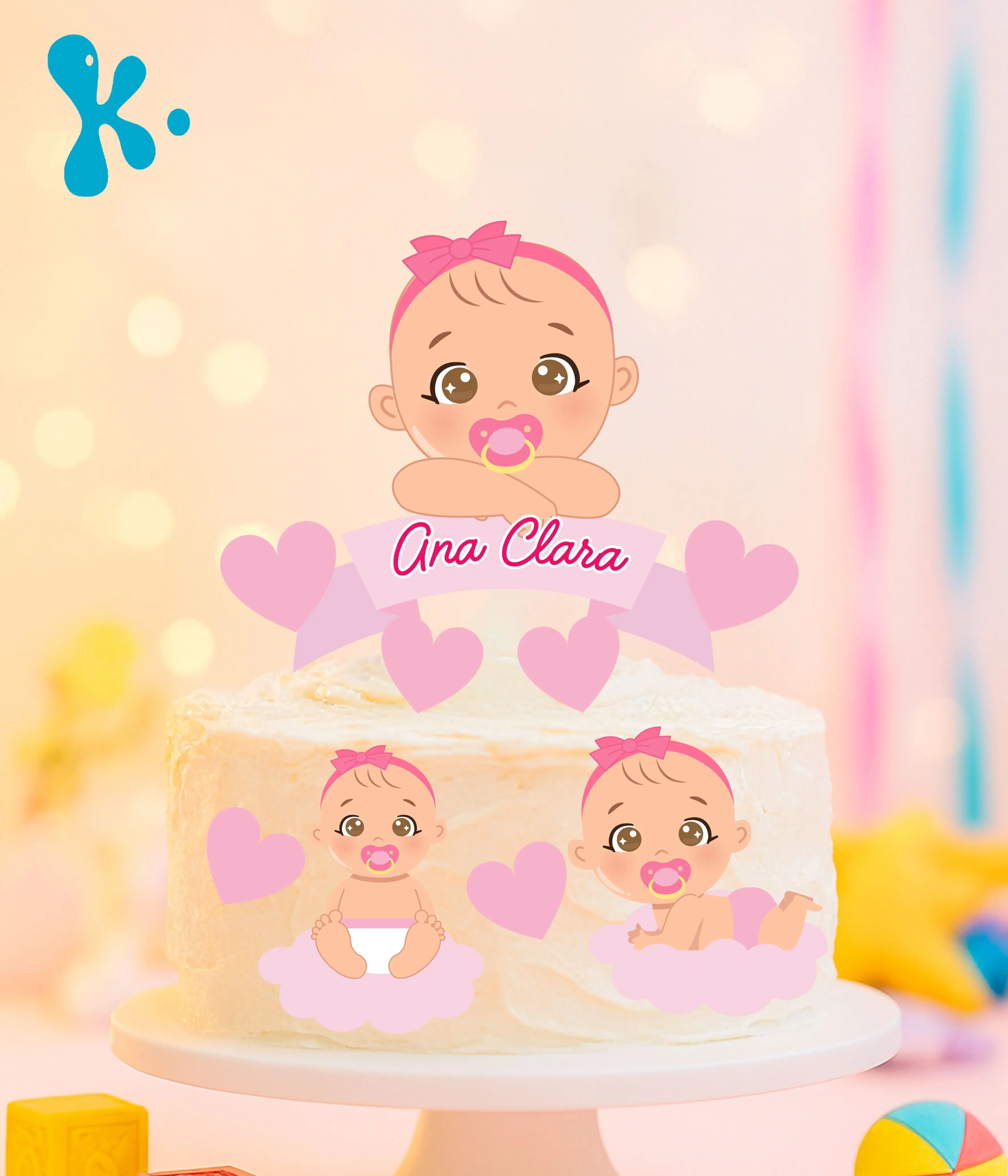 Topo de bolo com bebé menina rosa, corações e nome Ana Clara