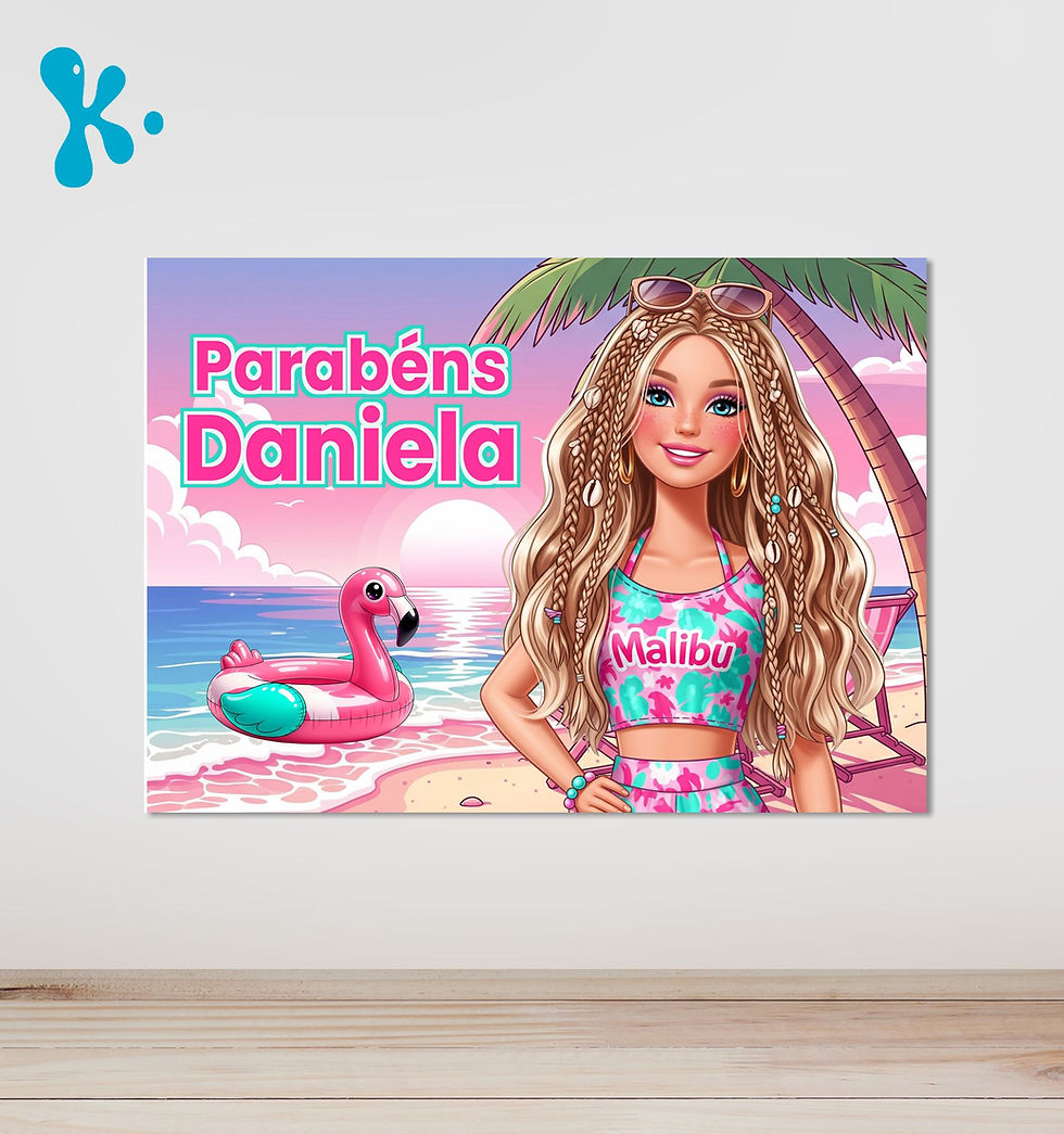 Cartaz personalizado Barbie Malibu com tema de praia e nome Daniela.