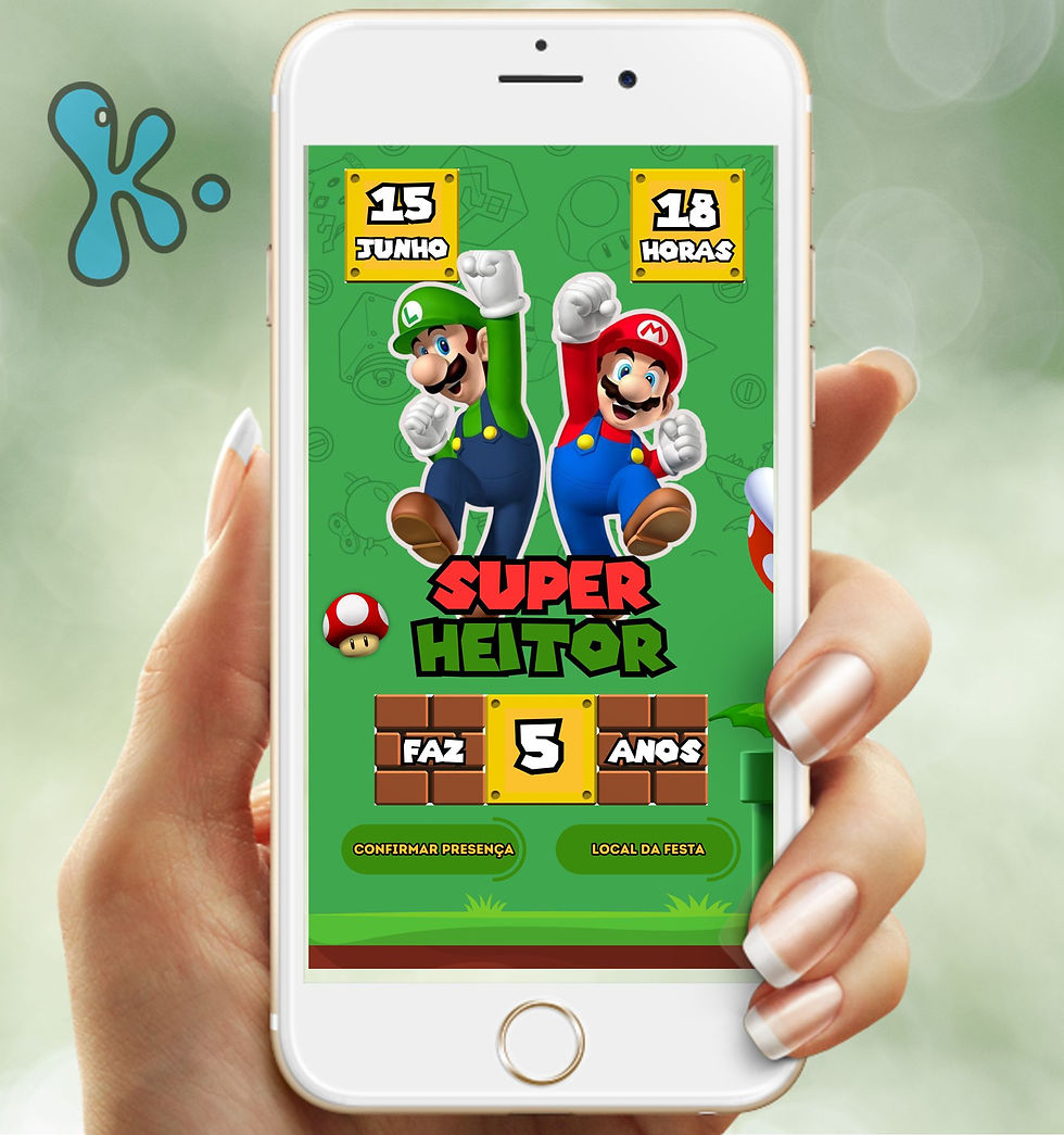 Convite Interativo Super Mario com Mario e Luigi, personalizado para festa infantil