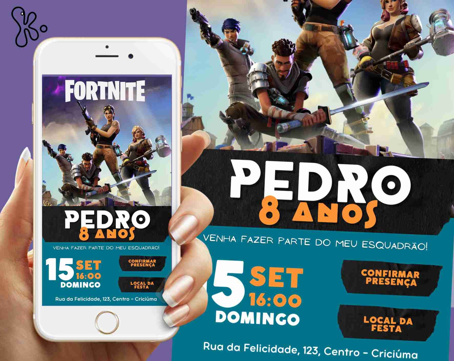 Convite interativo Fortnite em PDF com personagens do jogo, links e arte gamer