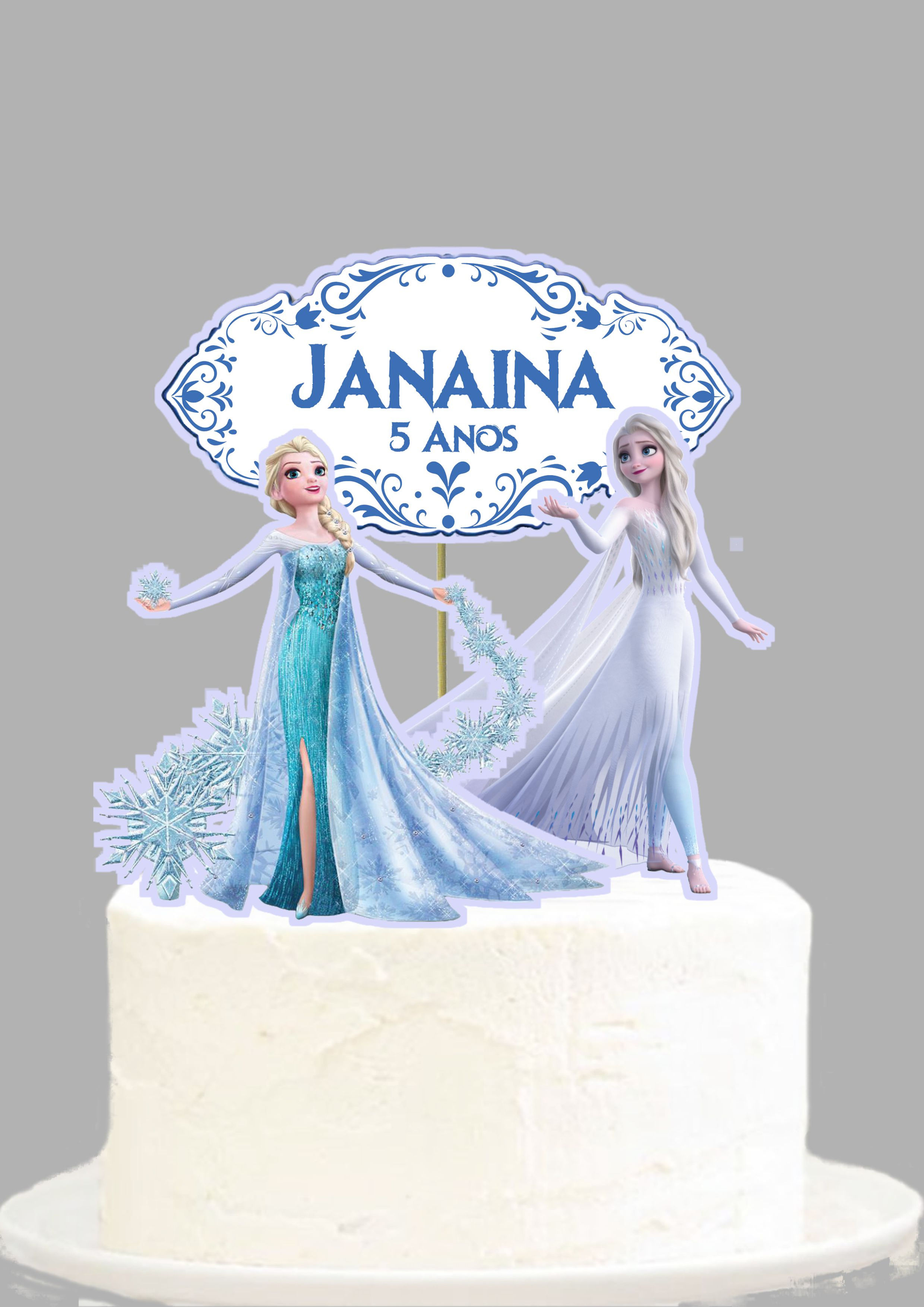 Topo de bolo personalizado Frozen Elsa com nome e idade em papel fotográfico.