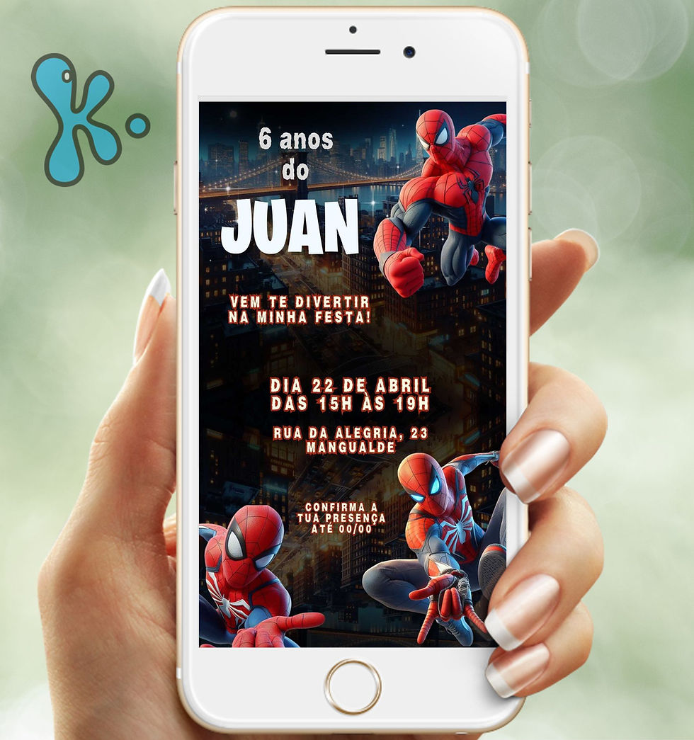 Convite digital Homem-Aranha com cidade ao fundo e poses de ação