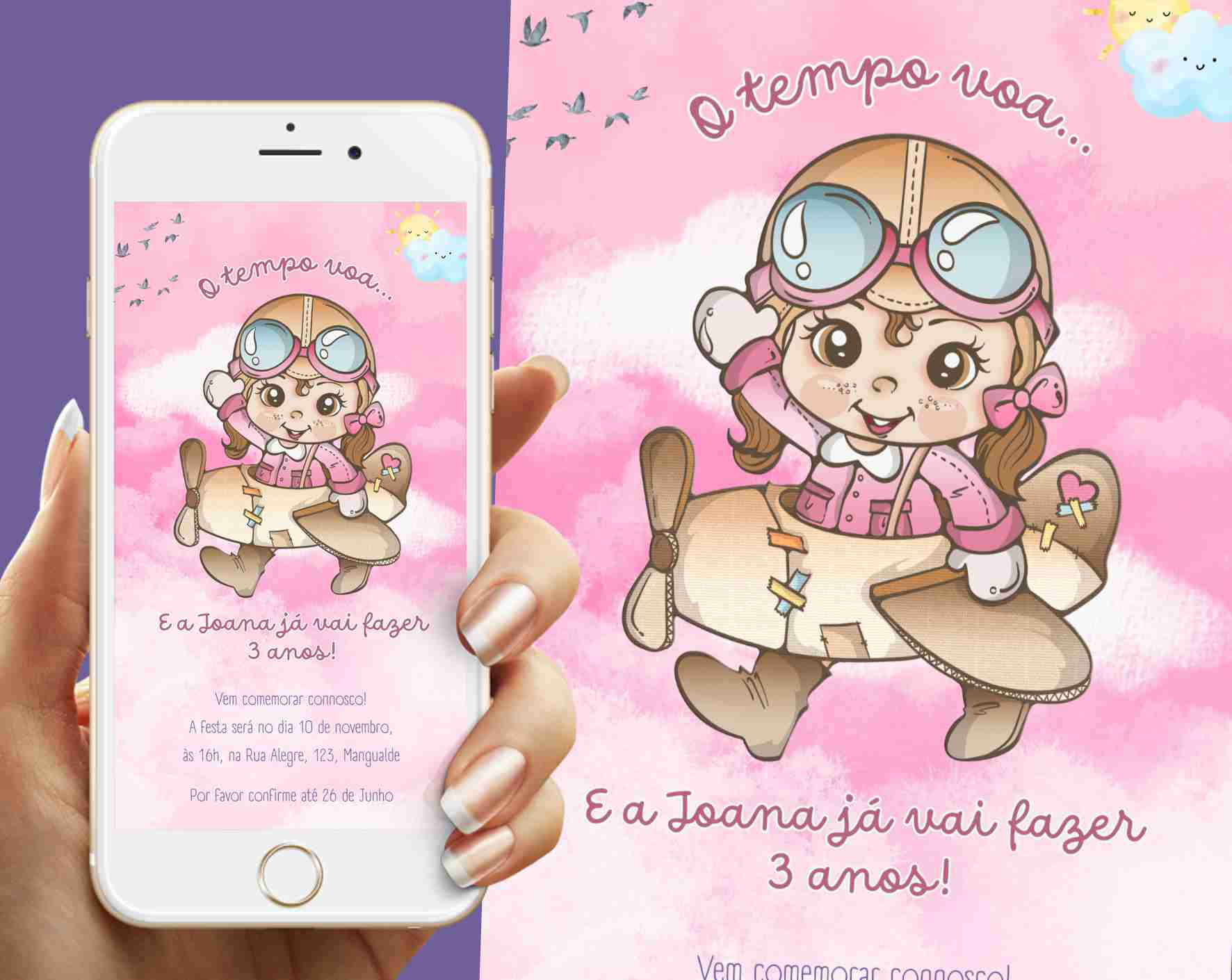 Convite Digital Aviadora Personalizado para Menina | Pronto a Enviar