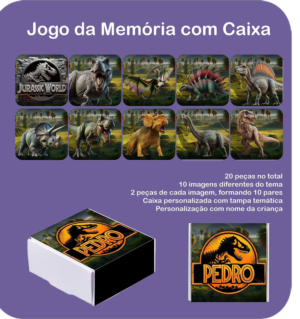 Jogo da memória com caixa Jurassic Park personalizado com 20 peças de dinossauros e tampa temática.