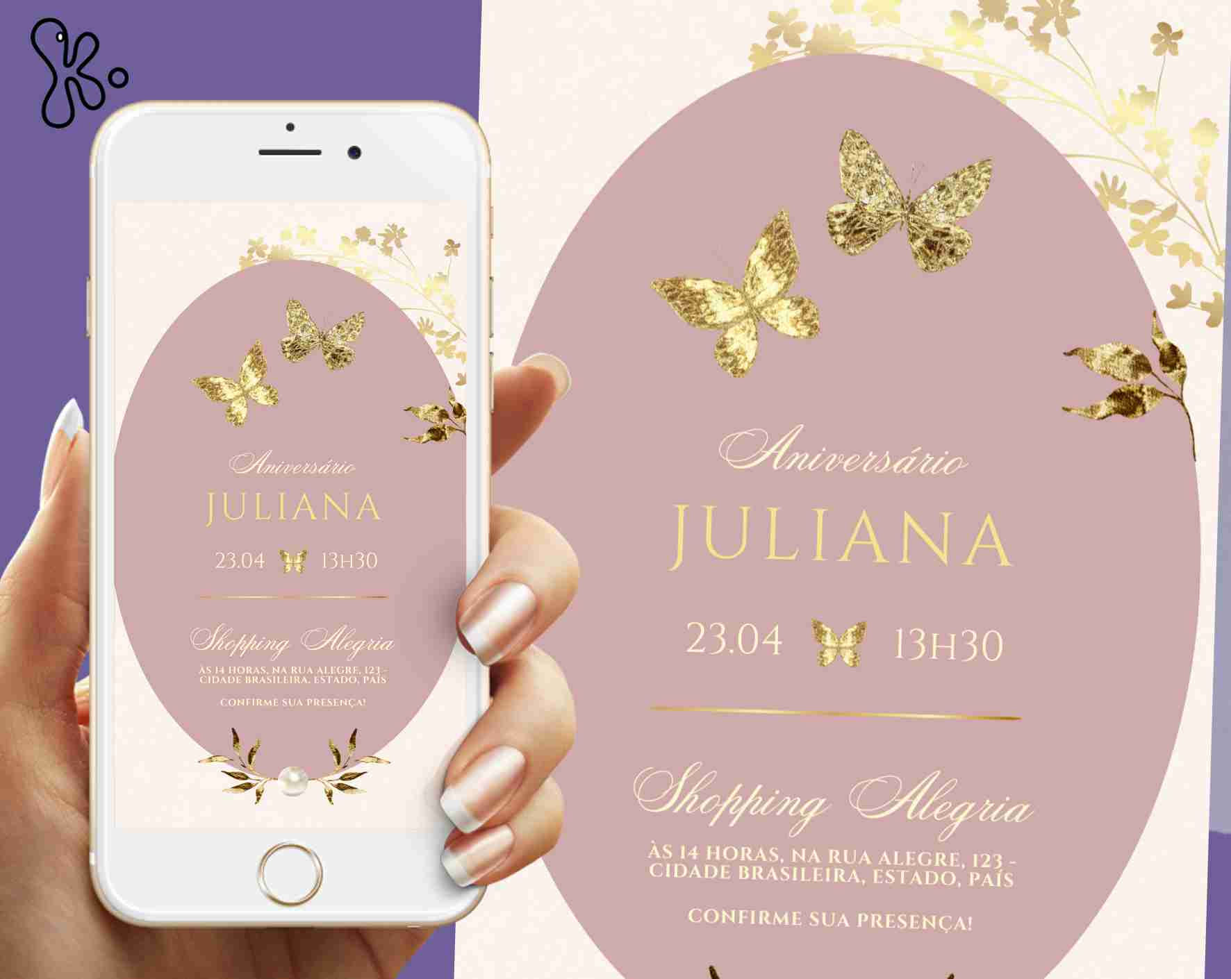 Convite Digital Borboletas Douradas Elegante e Personalizável