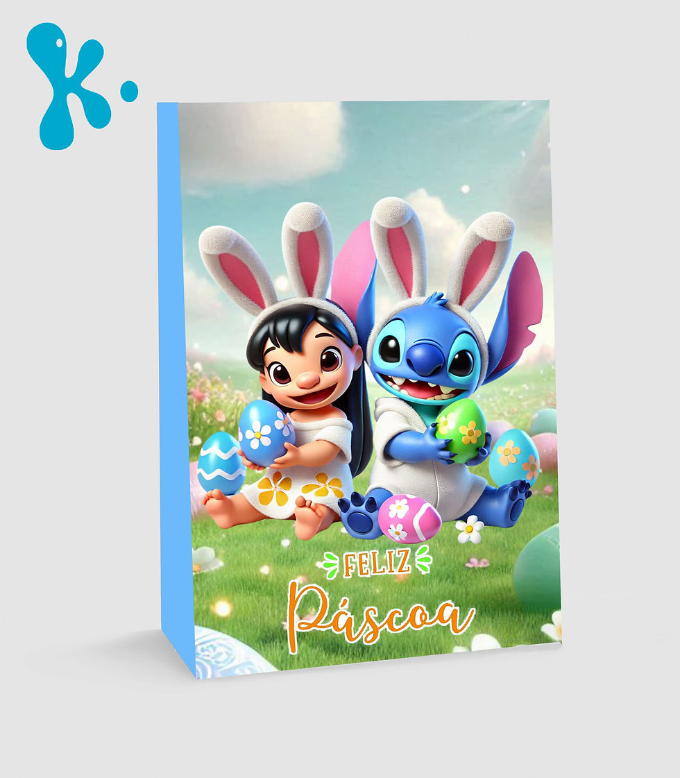 Saco lembrança de Páscoa Lilo e Stitch personalizado com ovos e decoração infantil