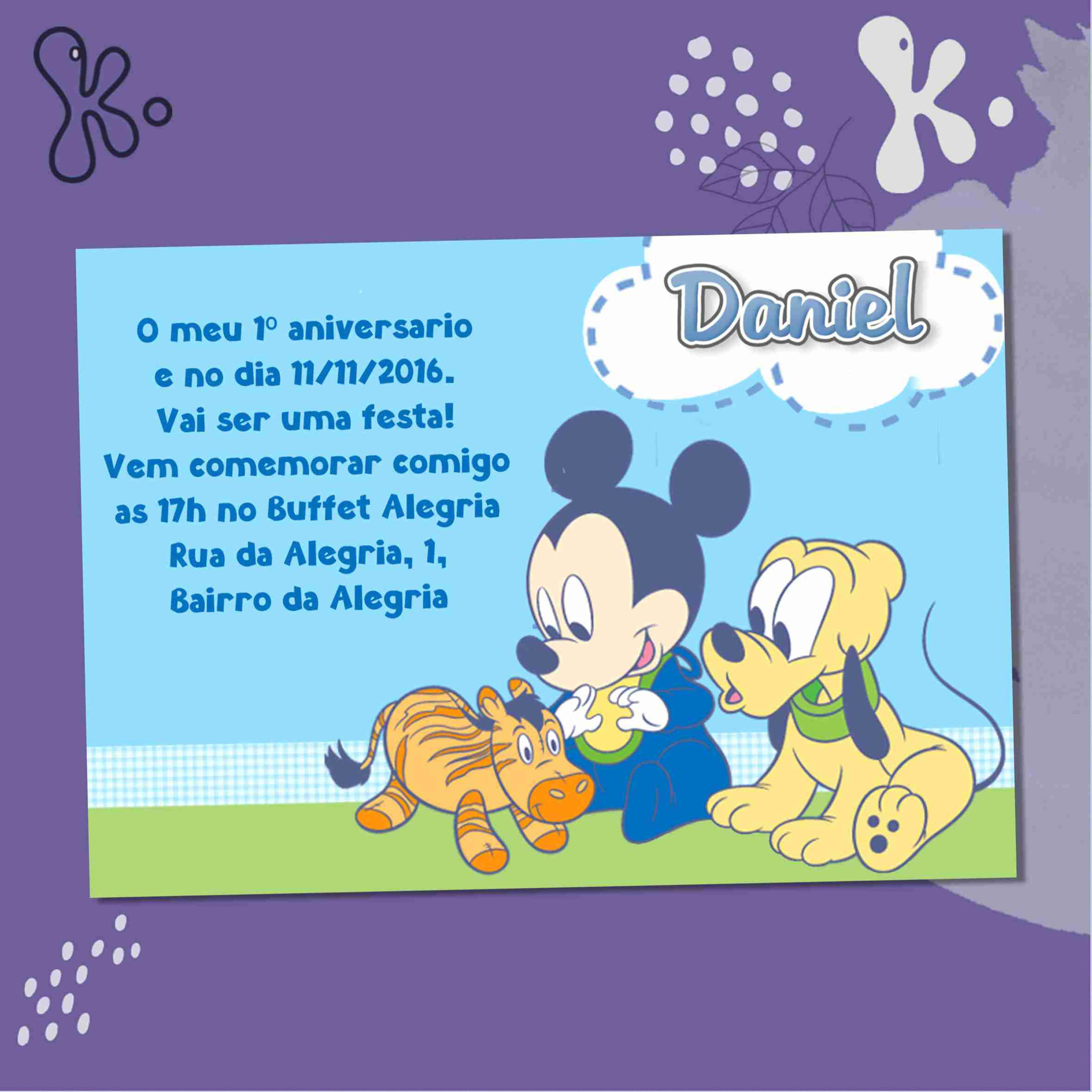 Convite Digital Baby Disney com Mickey e Pluto para Aniversário