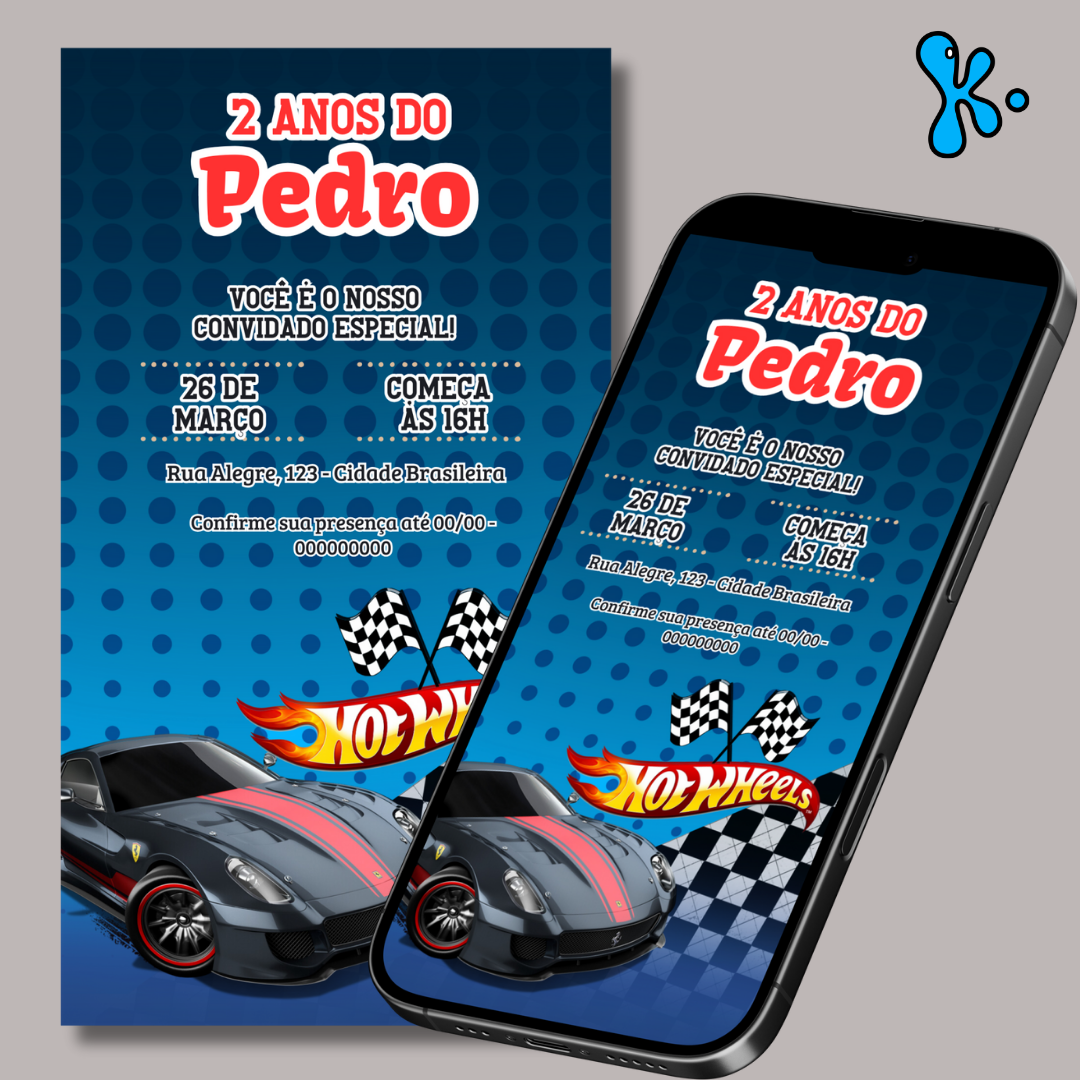 Convite Digital Hot Wheels Personalizado para Festa Infantil