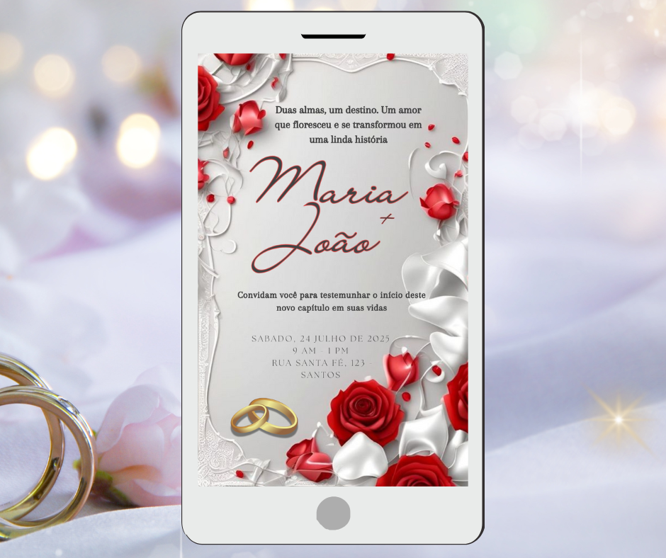 Convite Digital Casamento com Rosas Vermelhas e Alianças