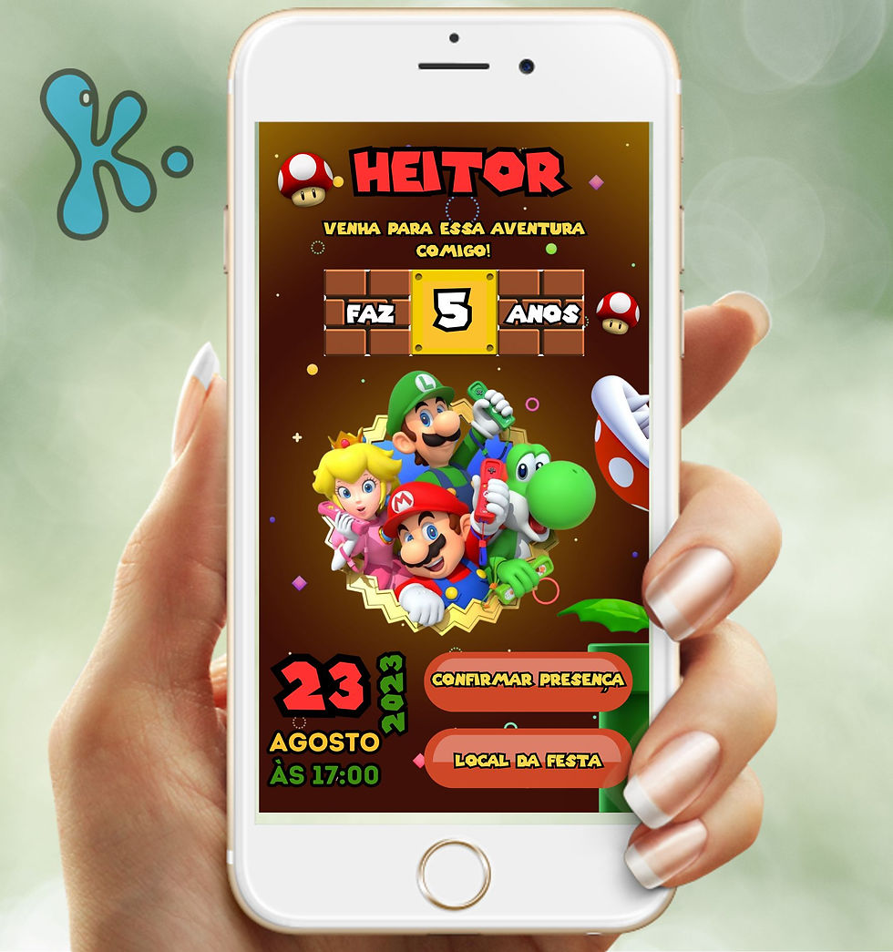 Convite Interativo Super Mario com Mario, Luigi, Peach e Yoshi em fundo castanho
