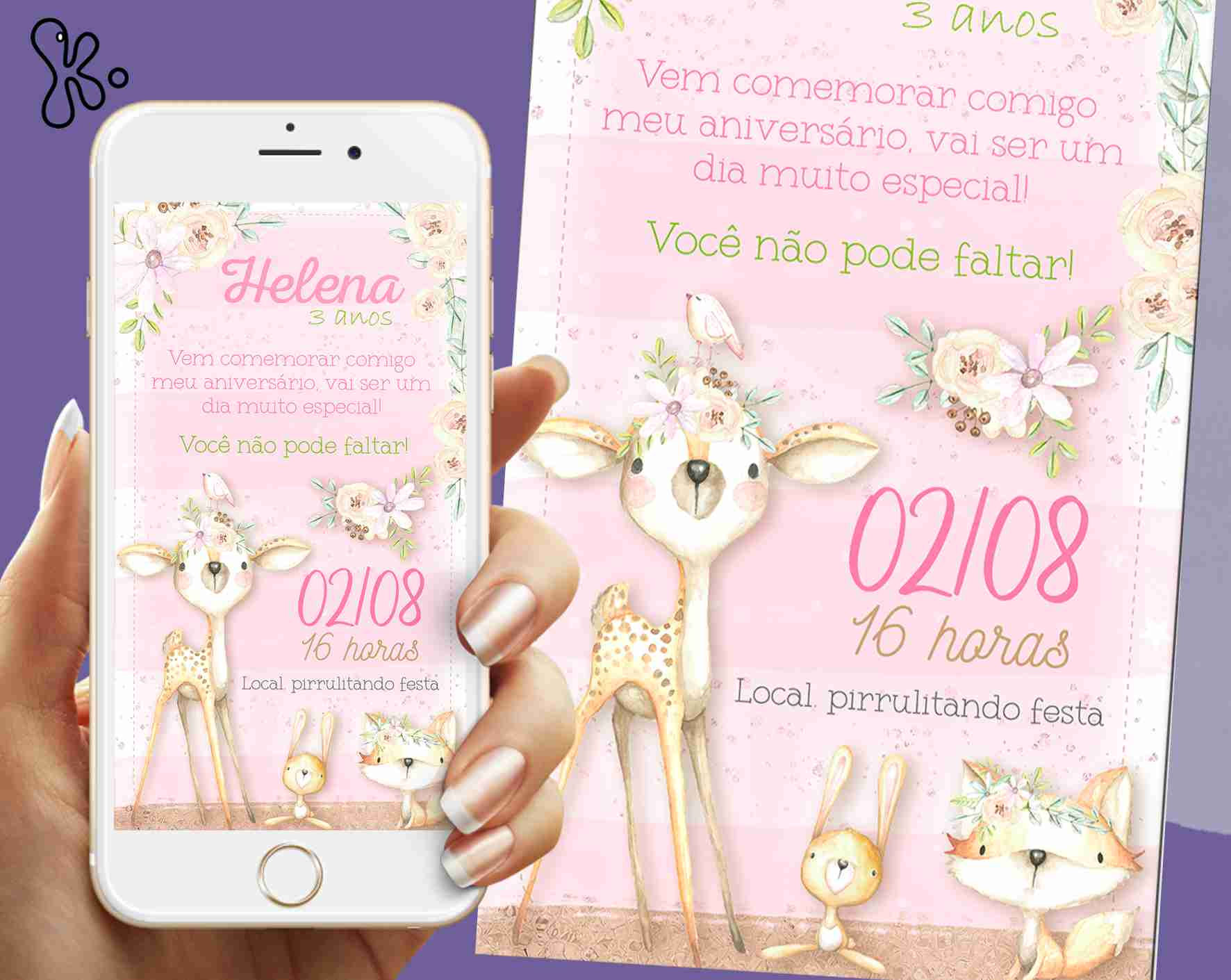 Convite Digital Bosque com Animais Fofos para Aniversário Infantil