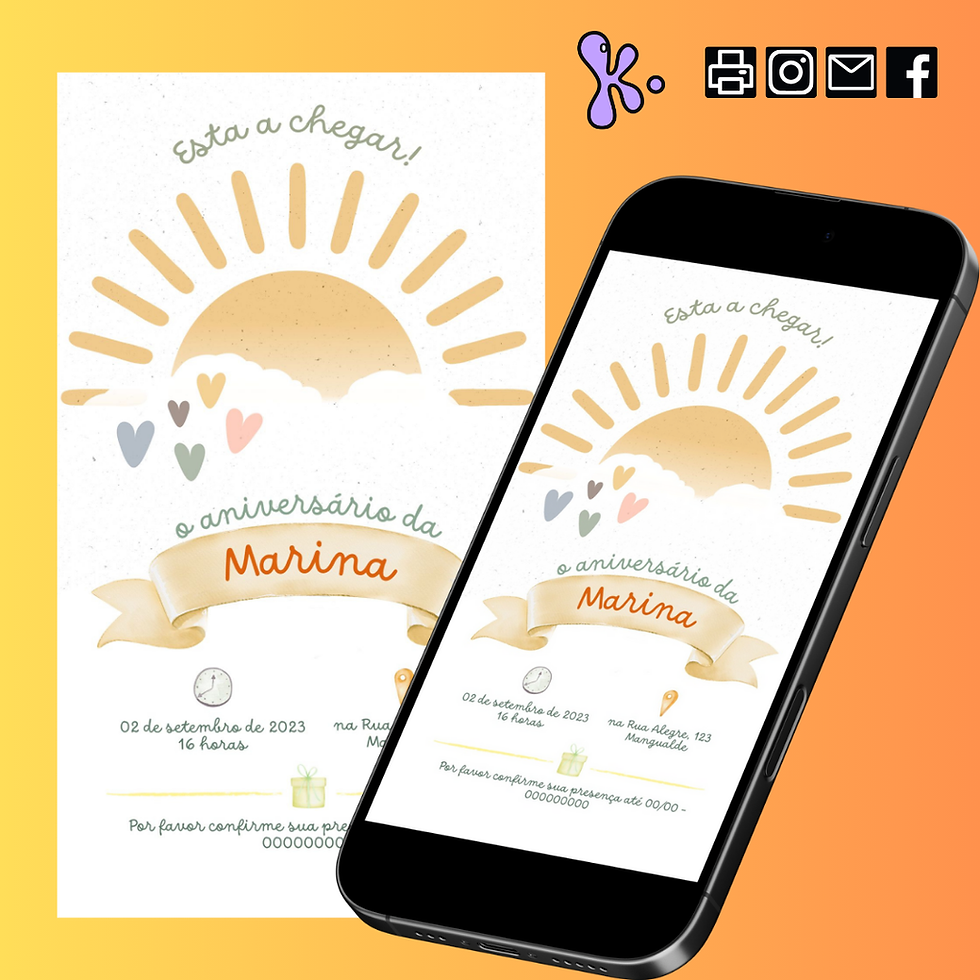 Convite Digital Meu Raio de Sol com design em aquarela, sol nascente e informações de aniversário