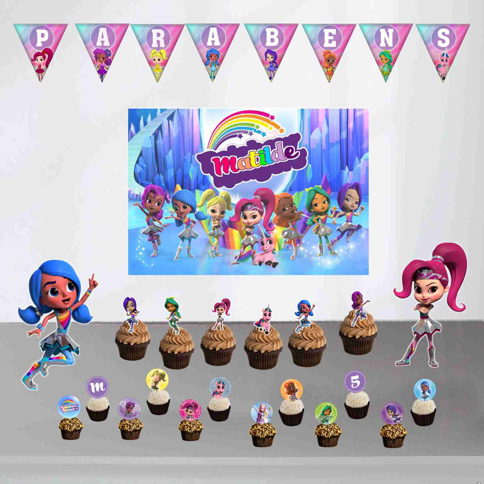 Kit descartável de decoração temática para festa de aniversário infantil das Guerreiras do Arco-Íris