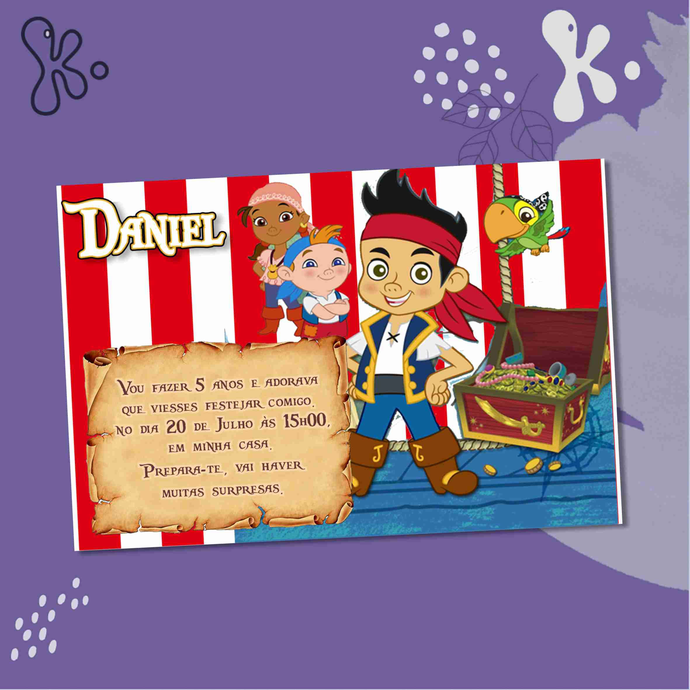 Convite Digital Jake e os Piratas da Terra do Nunca – Festa com Tesouro e Personagens Personalizados