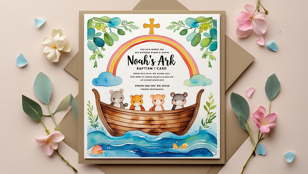 Um cartão de convite para batismo da Arca de Noé lindamente desenhado com ilustrações em aquarela de animais fofos