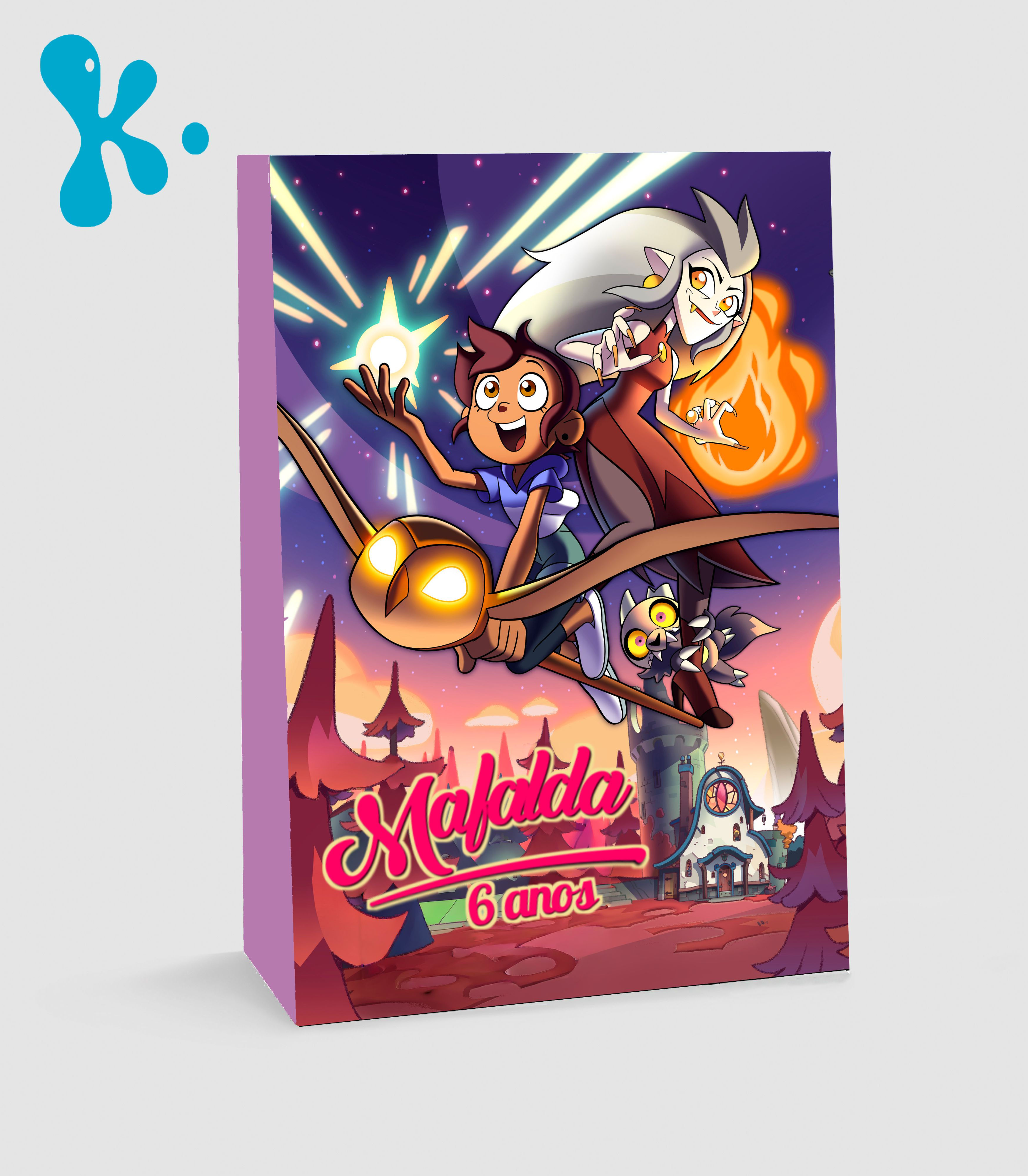 Saco lembrança personalizado A Casa da Coruja com personagens mágicas e nome Mafalda 6 anos.