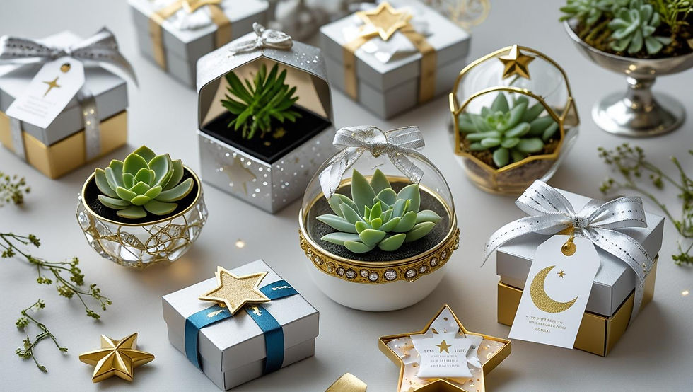 Lindas lembrancinhas de batizado com tema de estrelas e lua, caixinhas de presente em prata e ouro, velas perfumadas em formato de estrelas, mini terrários com suculentas, sachês aromáticos em formato de estrelas