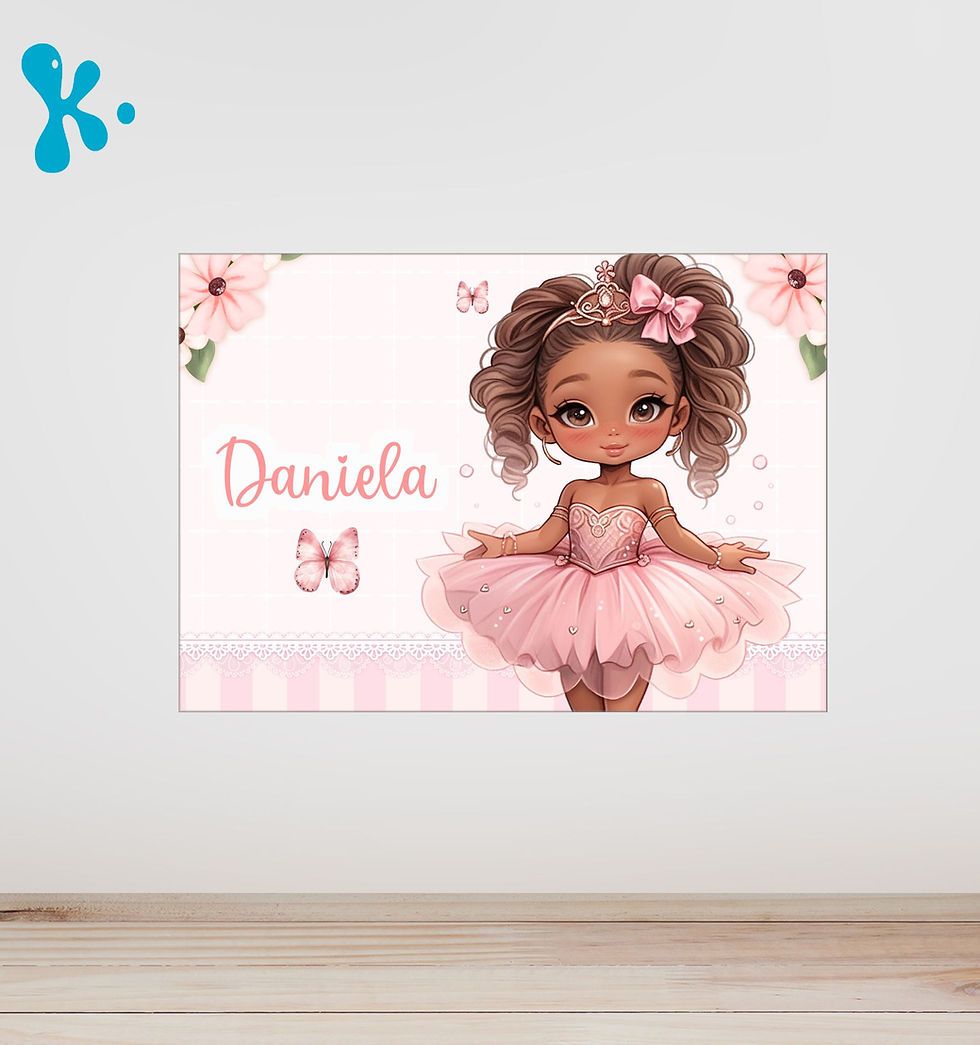 Cartaz bailarina personalizado em tons rosa pastel com nome da criança, ideal para decoração de festa infantil