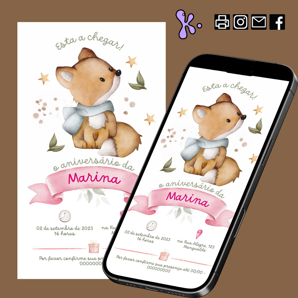 Convite Digital Raposinha com ilustração aguarela, fita rosa e detalhes naturais, ideal para festas de aniversário infantis.