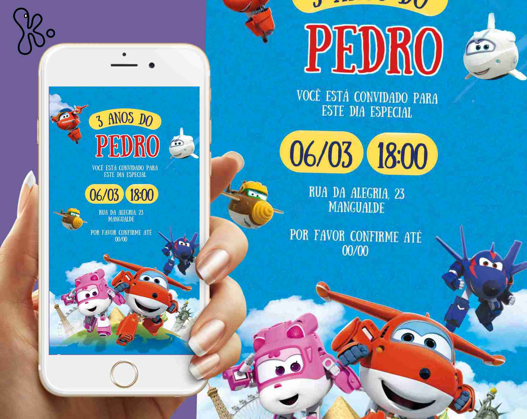 Convite digital Super Wings com nome Pedro, fundo azul e personagens voadores. Ideal para festa infantil e envio digital