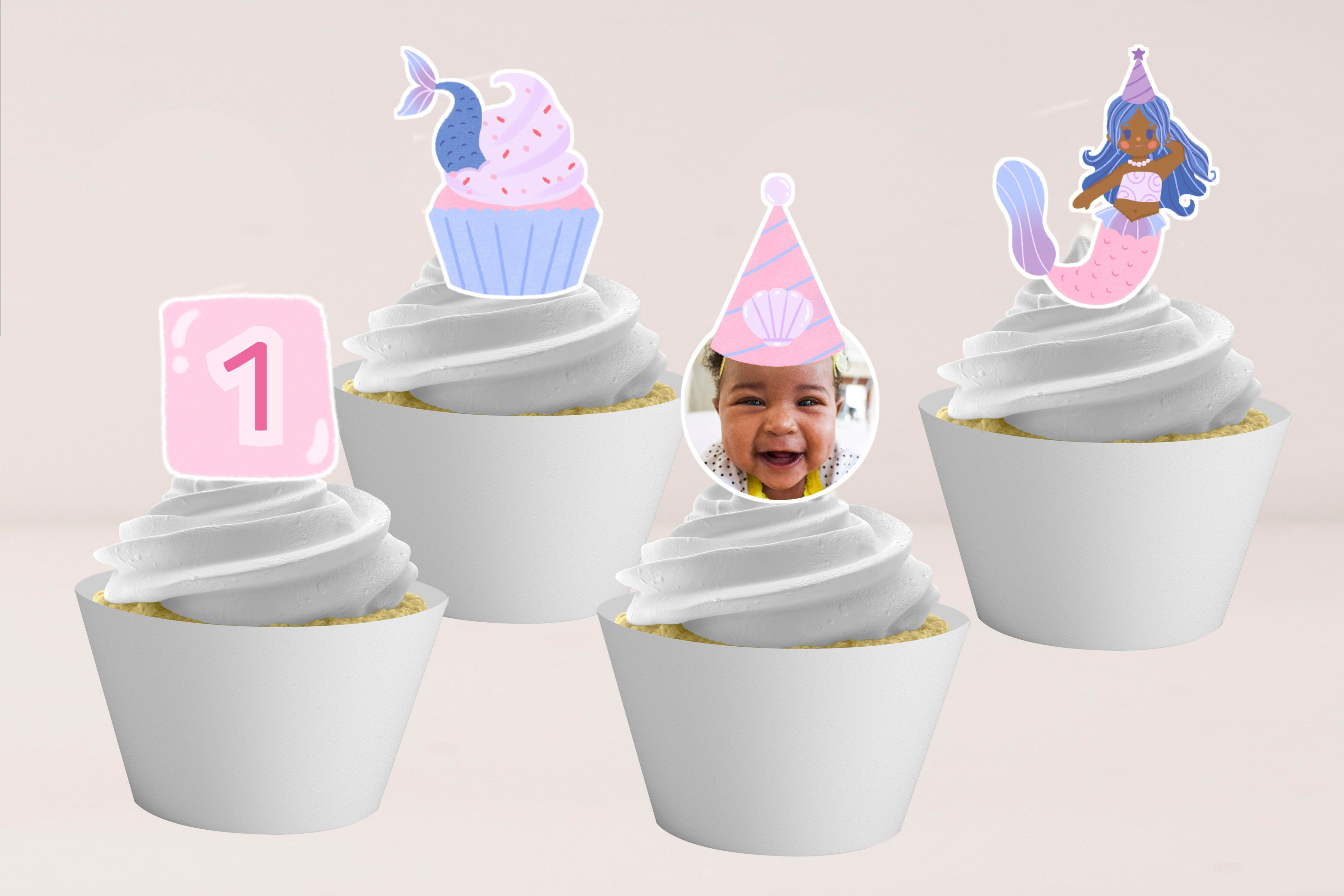 Toppers recortados personalizados tema Sereia com ilustrações pastel, elementos marinhos e foto da criança para festa infanti