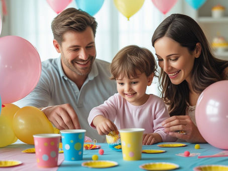 Criança a ajudar os pais a organizar a mesa de aniversário em casa, colocando copos e balões coloridos, num ambiente alegre e acolhedor.