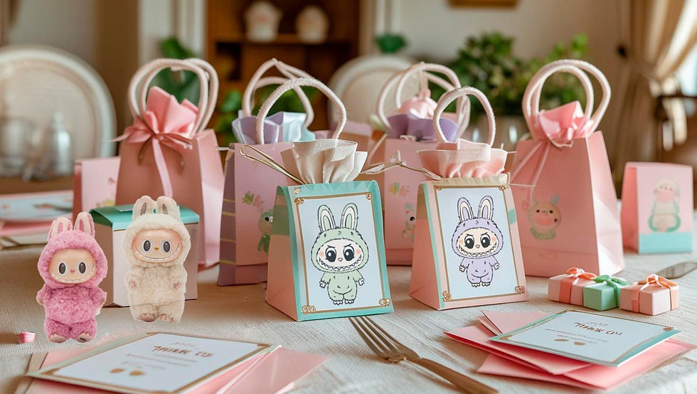 Adorable Labubu party favors and gift bags arranged on a decorated table, small Labubu toys