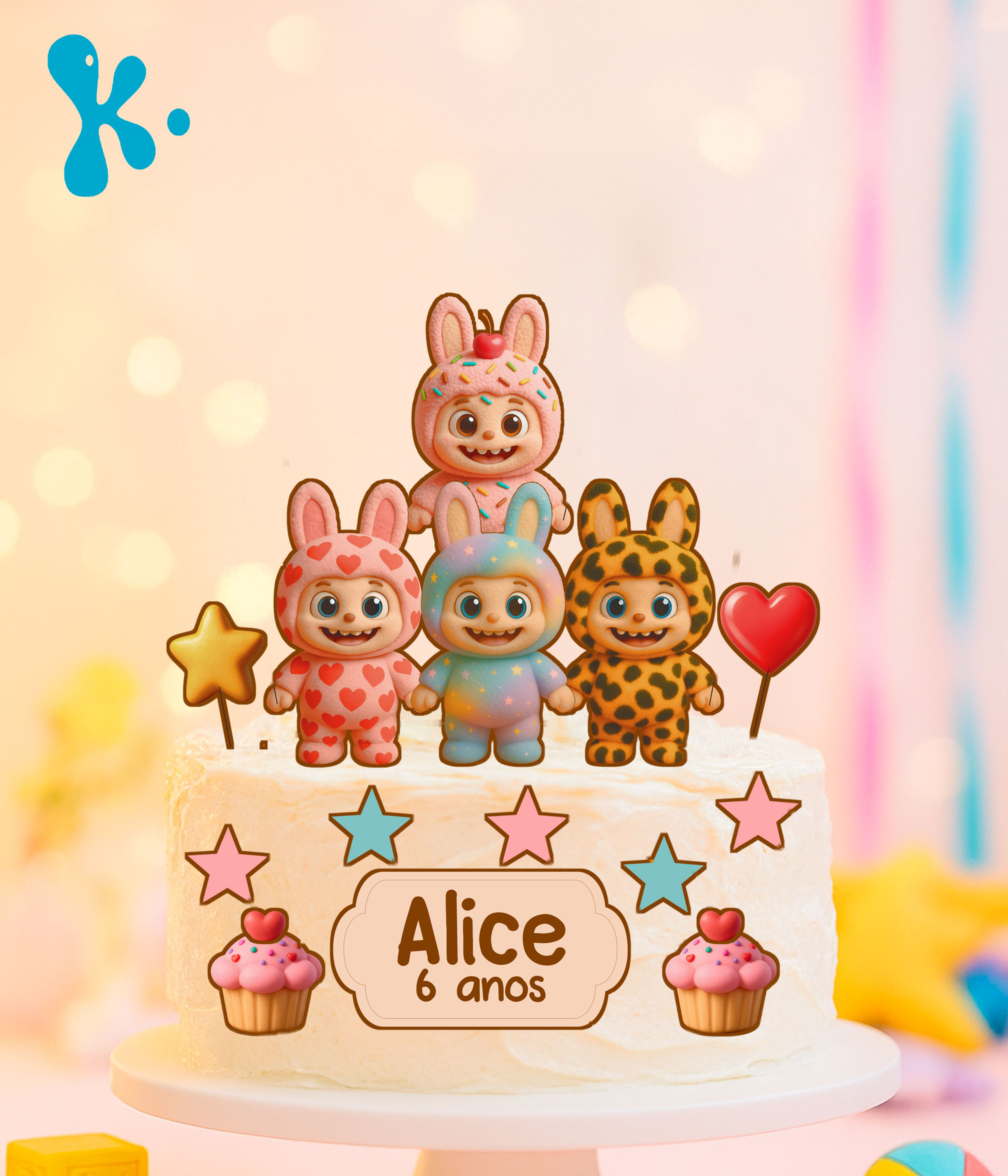 Topo de bolo Labubu com personagens coloridas e nome Alice 6 anos