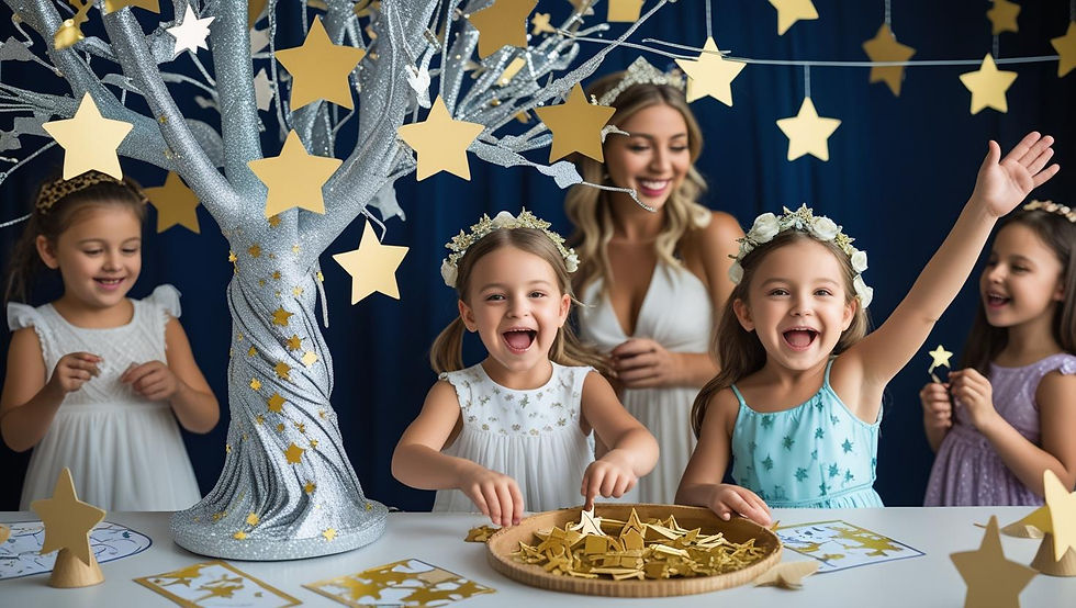 Crianças e adultos aproveitam as atividades da festa de batismo, árvore dos desejos decorada com galhos prateados e cartões em formato de estrela