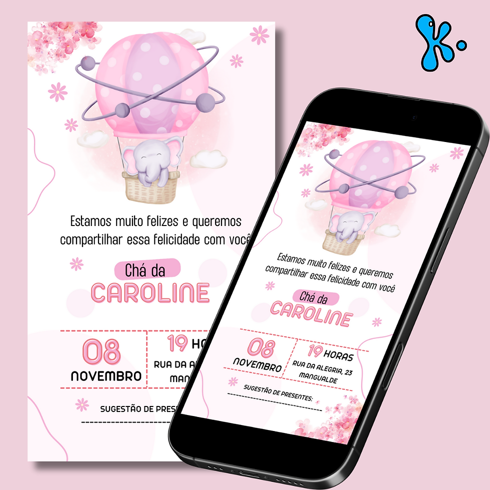 Convite Digital Chá de Fraldas com Elefante no Balão – Personalizado e Encantador