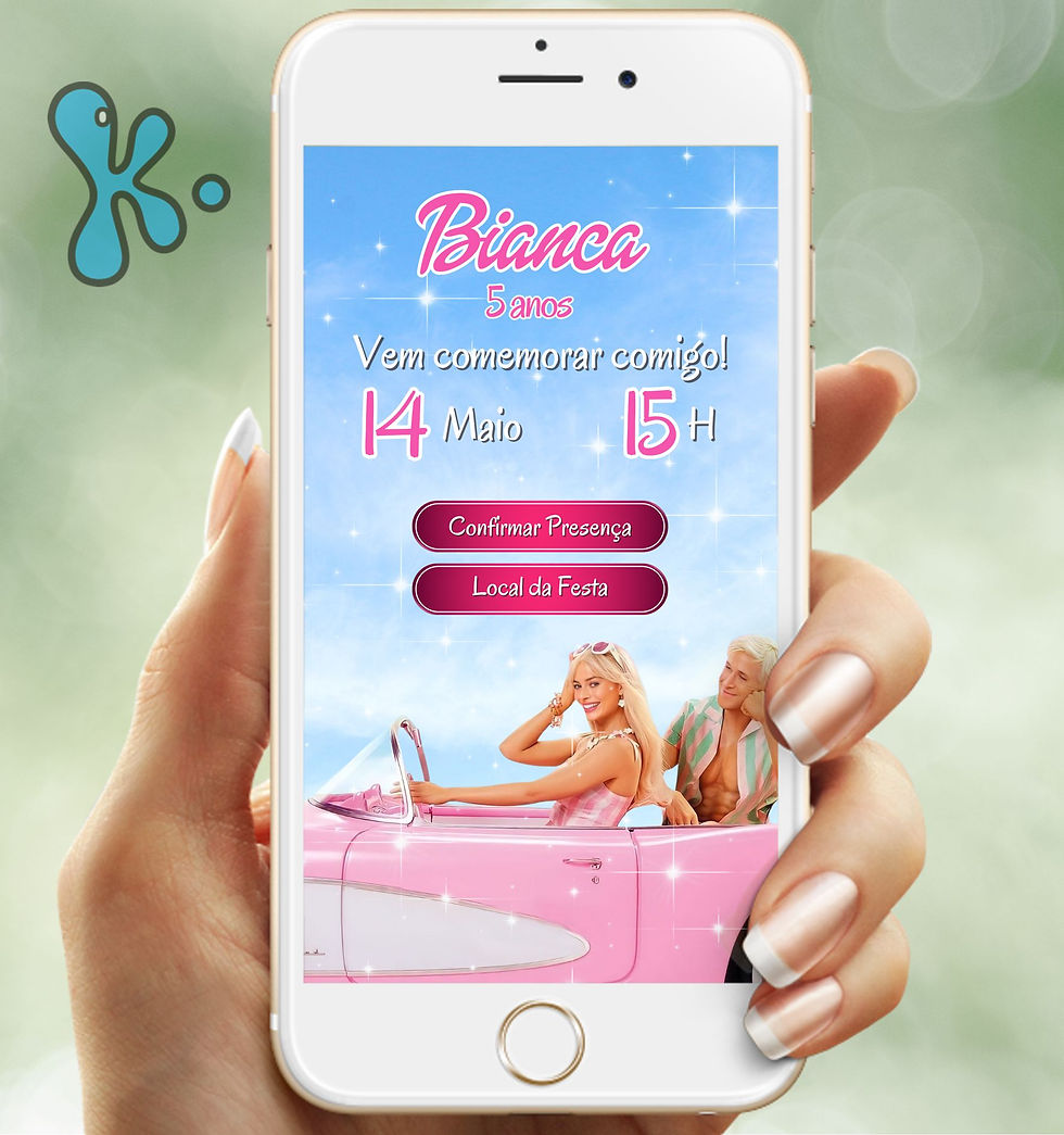 Convite digital Barbie Filme com Barbie e Ken no carro rosa, em PDF com links