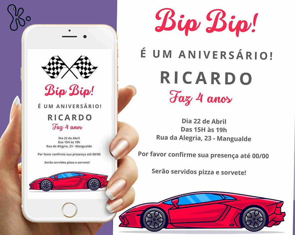 Convite Digital Carrinhos de Corrida Vermelho – Personalizável para Aniversário Infantil