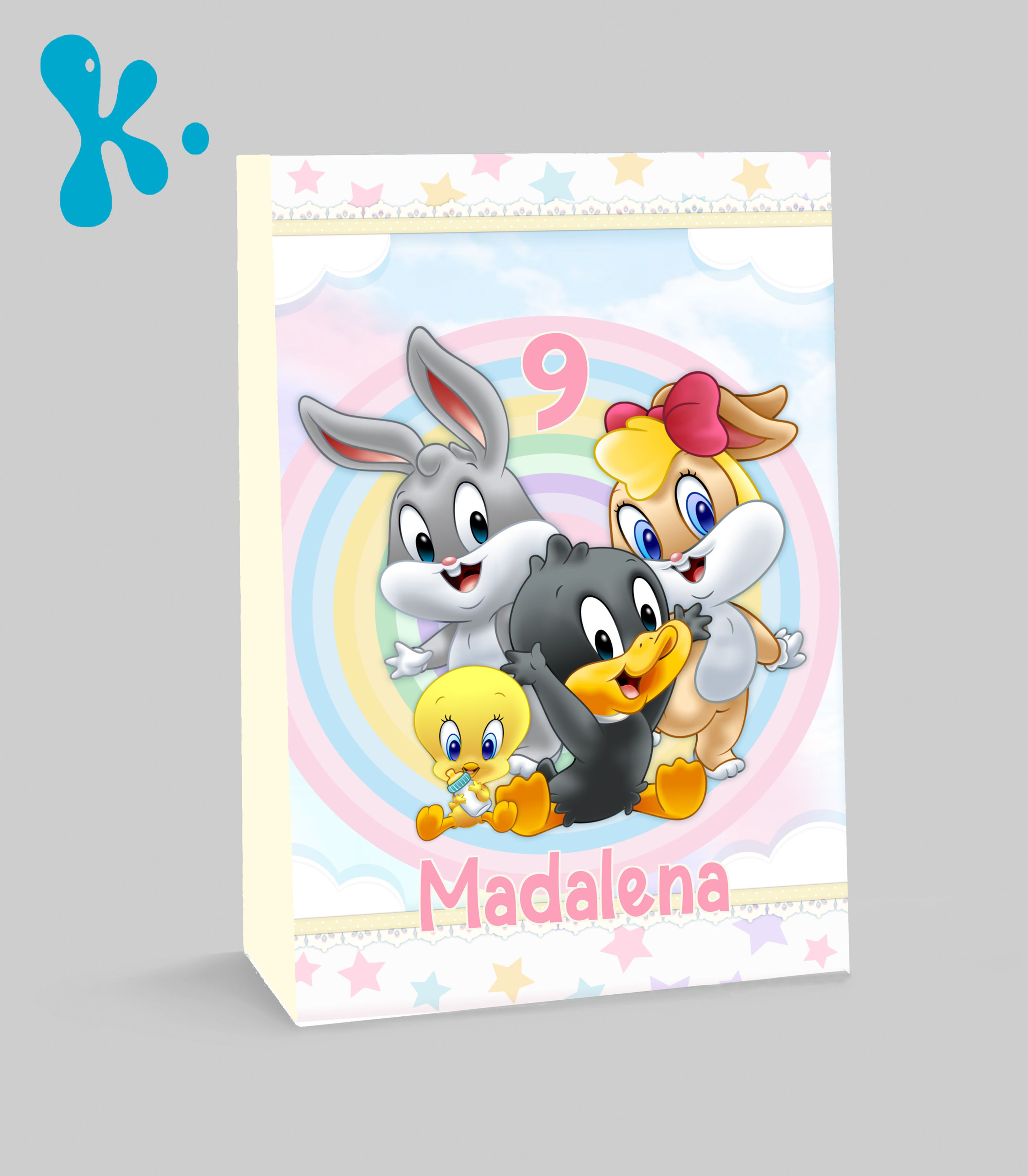 Saco lembrança Baby Looney Tunes personalizado com nome e idade da criança