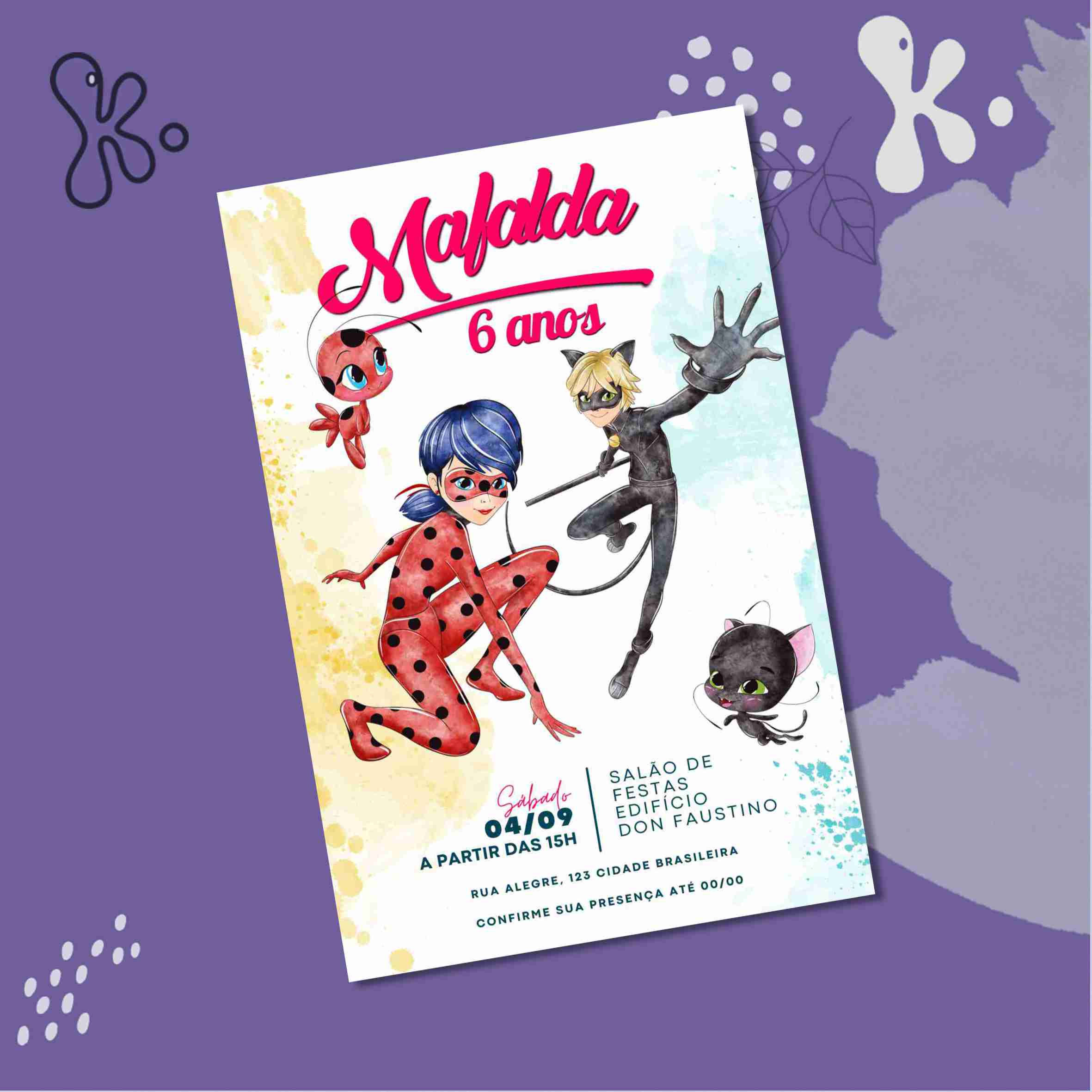Convite Digital Miraculous As Aventuras de Ladybug – Tema Aguarela Personalizado
